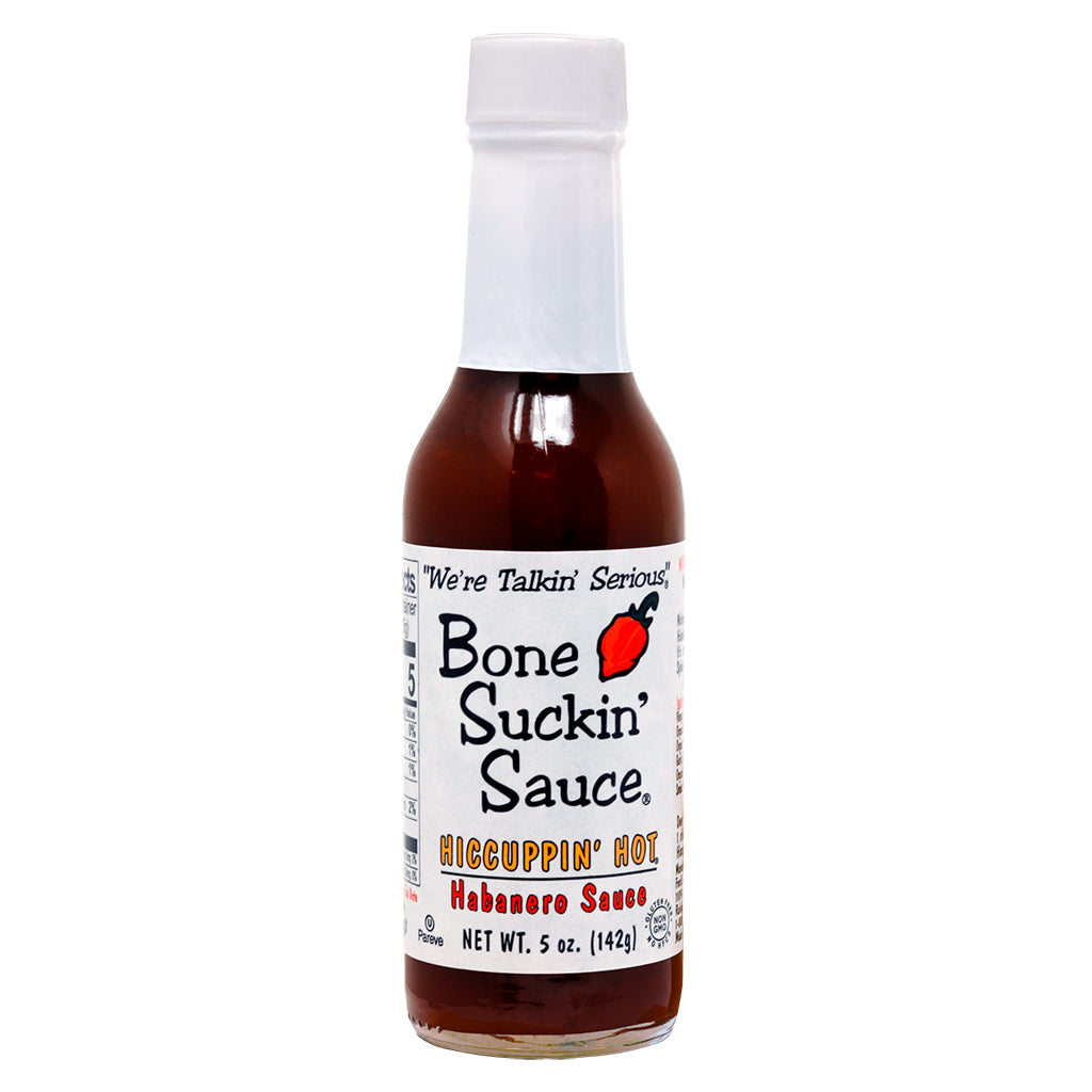 Bone Suckin'® Hiccuppin' Hot Sauce, 5 oz bottle Experience the intense heat and zesty flavor of our habanero-infused hot sauce, perfect for adding a fiery kick to your dishes.