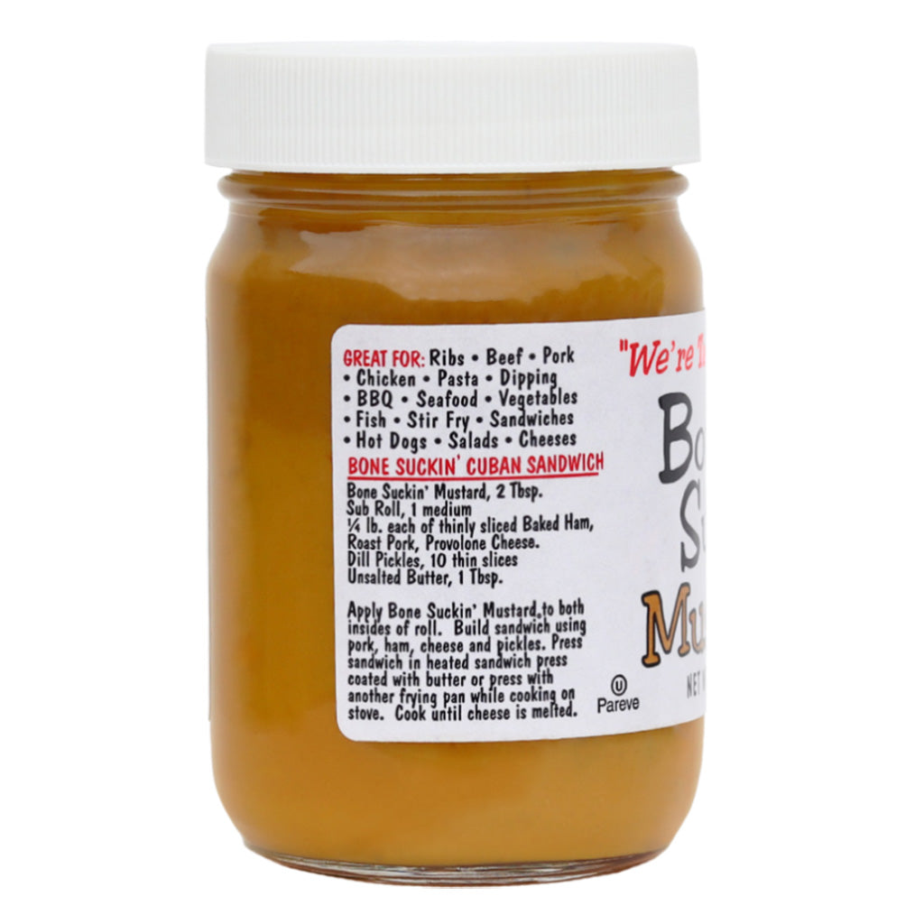 Bone Suckin'® Mustard, Side of Jar, Recipe - Bone Suckin' Mustard, 12 oz in Glass Bottle - Gourmet Mustard, Sweet & Tangy With Creamy Texture, Gluten-Free, Non-GMO, No HFCS, Kosher, Perfect for Hot Dogs, Brats, Sandwiches, Cheese, Seafood, 1 Bottle