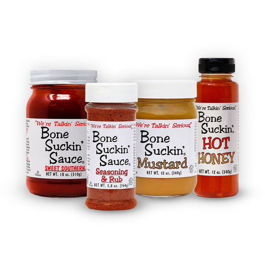 Bone Suckin' Pork Rib Box. Bone Suckin' Sauce Sweet Southern 18 oz, jar, Bone Suckin' Seasoning & Rub 5.8 oz., Bone Suckin' Mustard 12 oz. Jar, Bone Suckin' Hot Honey 12 oz. bottle.