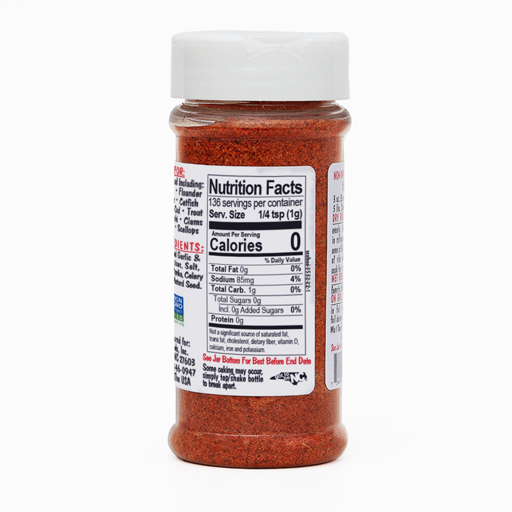 Bone Suckin'® Seafood Seasoning & Rub, 4.8 oz. Nutrition facts - Bone Suckin'® Seafood Seasoning & Rub, 4.8 oz. Nutritional Facts Information: Serving Size 1/4 tsp. (1g), Servings Per Container 136, Calories 0, Total Fat 0g (0%), Sodium 85mg (4%), Total Carbohydrate 1g (0%), Total Sugars 0g, Incl. 0g Added Sugars (0%), Protein 0g, Not a significant source of saturated fat, trans fat, cholesterol, dietary fiber, vitamin D, calcium, iron, and potassium.