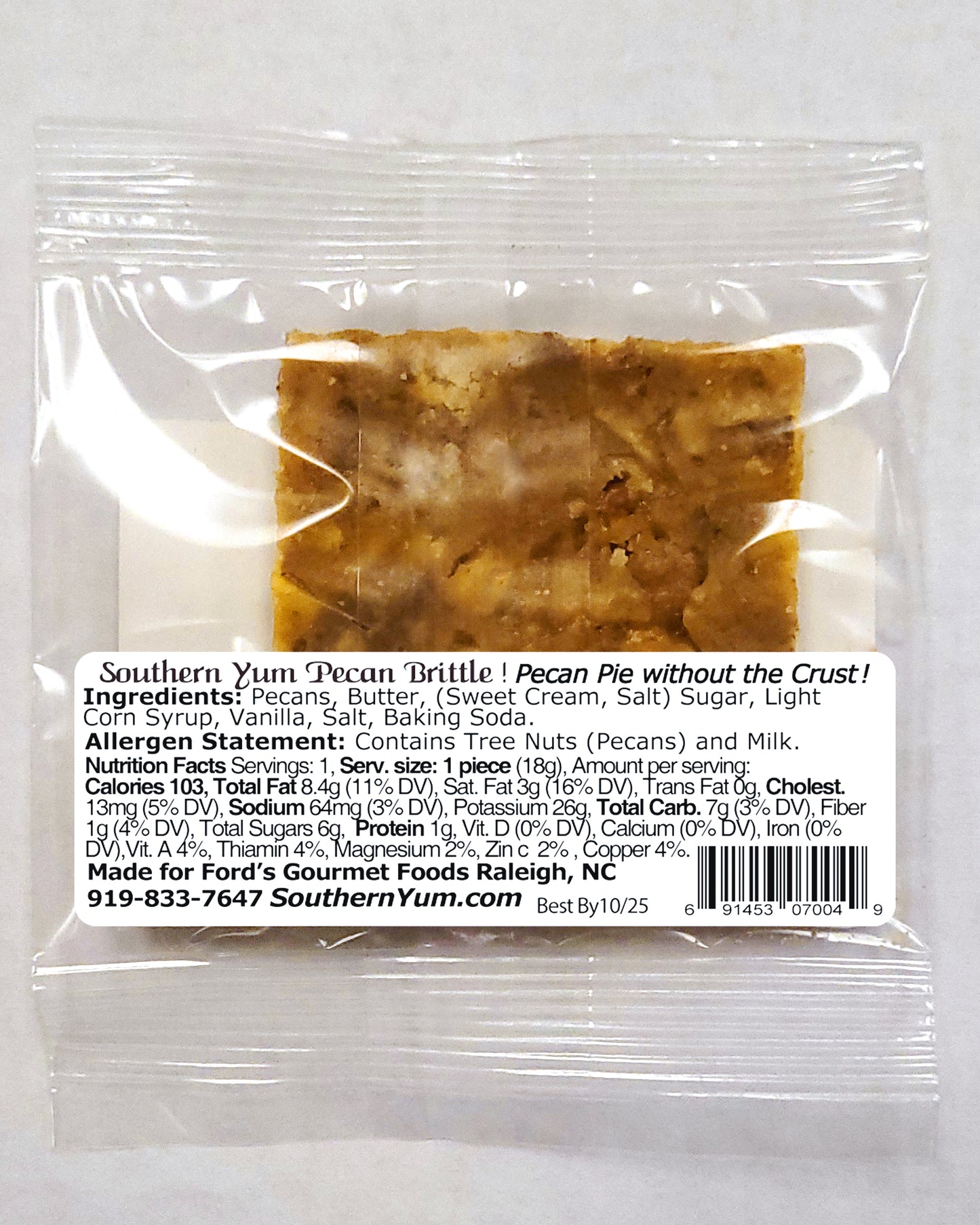 Southern Yum® Pecan Brittle Bar, .64 oz.  This old fashioned pecan brittle bar is handmade in small batches from North Carolina pecans.