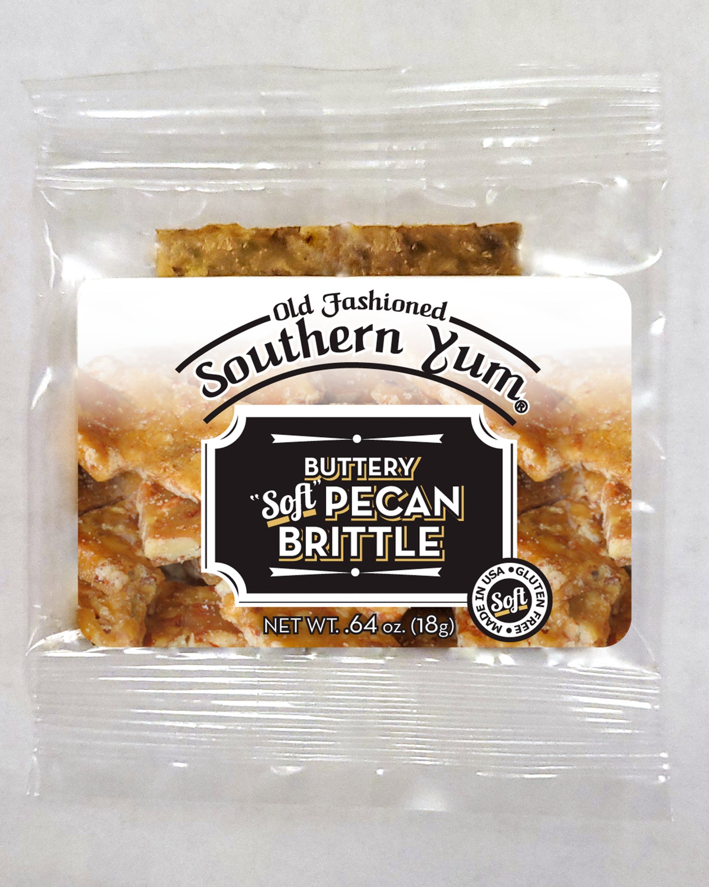 Southern Yum® Pecan Brittle Bar, .64 oz. This old fashioned pecan brittle bar is handmade in small batches from North Carolina pecans.