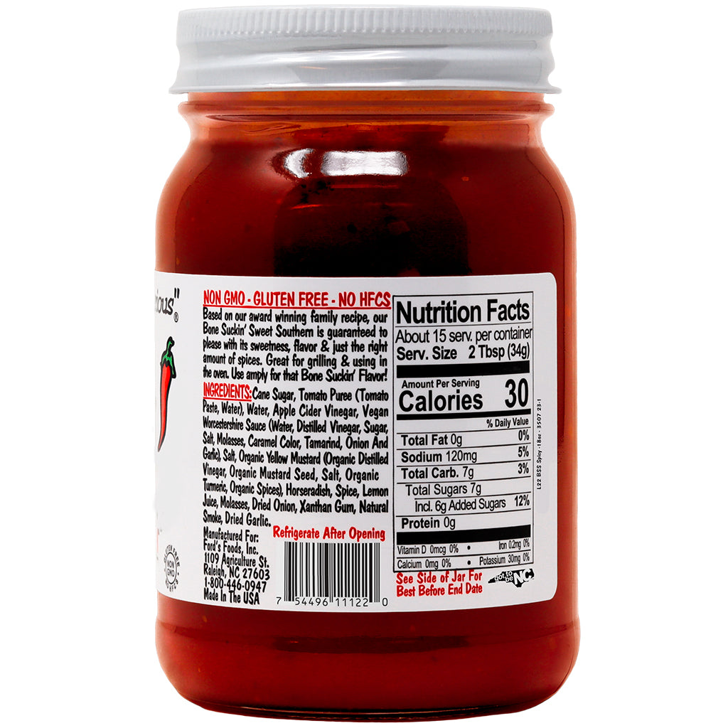 Bone Suckin' Sauce® Spicy Sweet Southern®, 18 oz. Nutritional Facts Information: Serving Size 2 Tbsp. (35g), Servings Per Container 13, Calories 50, Total Fat 0g (0%), Sodium 210 mg (9%), Total Carbohydrate 13g (5%), Total Sugars 12g, Incl. 10g Added Sugars (20%), Protein 1g, Vitamin D 0mcg (0%), Calcium 22mg (2%), Iron 1mg (6%), Potassium 170mg (4%)