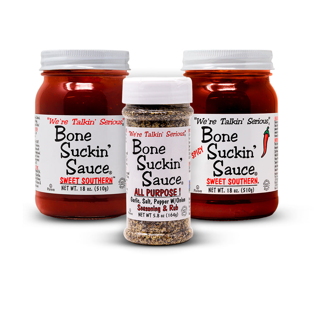 Bone Suckin' Sauce®, What's New? Box,This Gift Box Includes: Bone Suckin’ Sauce®, Sweet Southern® 18 oz. Bone Suckin' Sauce®, Hot Sweet Southern®, 18 oz. Bone Suckin'® All Purpose! Seasoning & Rub 5.8 oz.