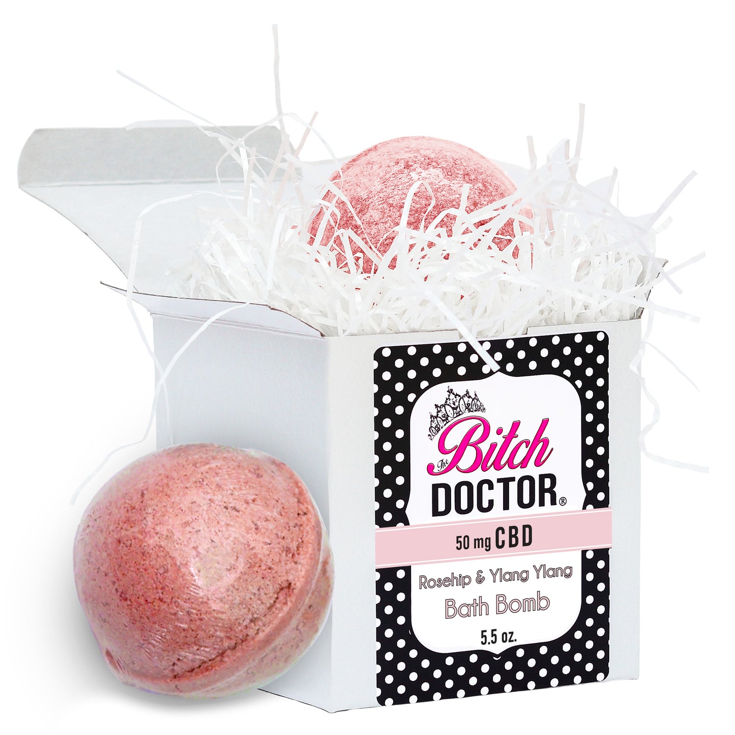 The Bitch Doctor CBD Bath Bomb. Rosehip & Ylang Ylang Scent