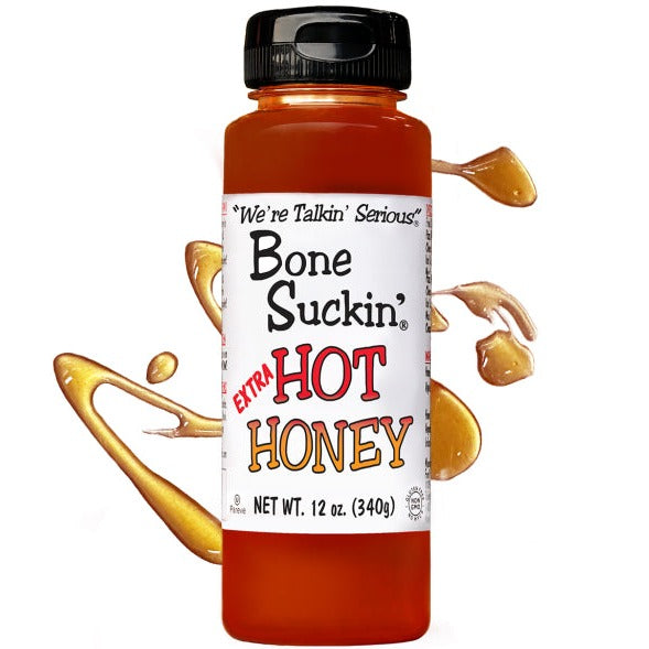 Bone Suckin'® Extra Hot Honey 12 oz Made with high-quality Non GMO, Kosher, Pareve, Gluten Free, Dairy Free ingredients with No High Fructose Syrup: Bone Suckin' Extra Hot Honey is crafted using the perfect blend of high quality honey, apple cider vinegar, and chili extract, ensuring a delicious sweet, hot & flavorful experience that is great for the whole family!