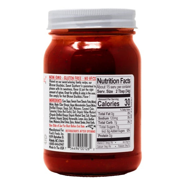 Bone Suckin' Sauce®, Sweet Southern® ThickNutritional Facts Information: Serving Size 2 Tbsp. (34g), Servings Per Container 15 Calories 30, Total Fat 0g (0%), Sodium 120mg (5%), Total Carbohydrate 7g (3%), Total Sugars 7g, Incl. 6g Added Sugars (12%), Protein 0g, Vitamin D 0mcg (0%), Calcium 0mg (0%), Iron 0.1mg (0%), Potassium 30mg (0%)