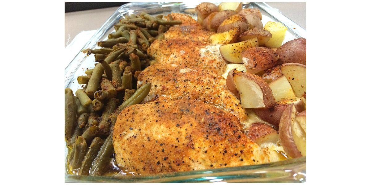 Bone Suckin'® Steak Seasoning on Baked chicken with green beans and red potatoes.