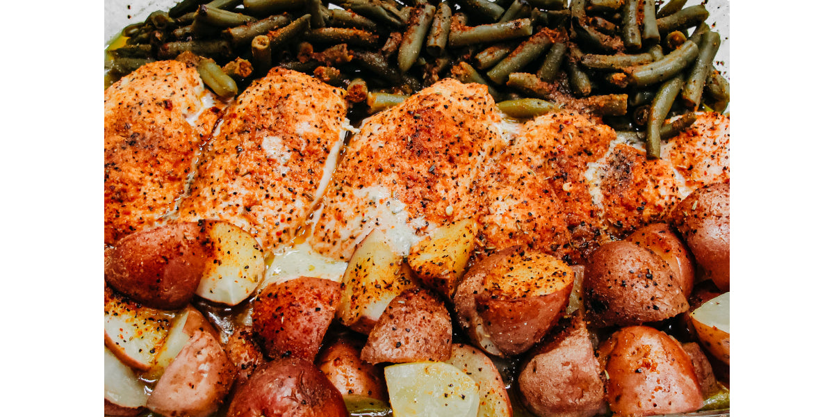 Bone Suckin'® Steak seasoning, Baked chicken, green beans and red potatoes. 