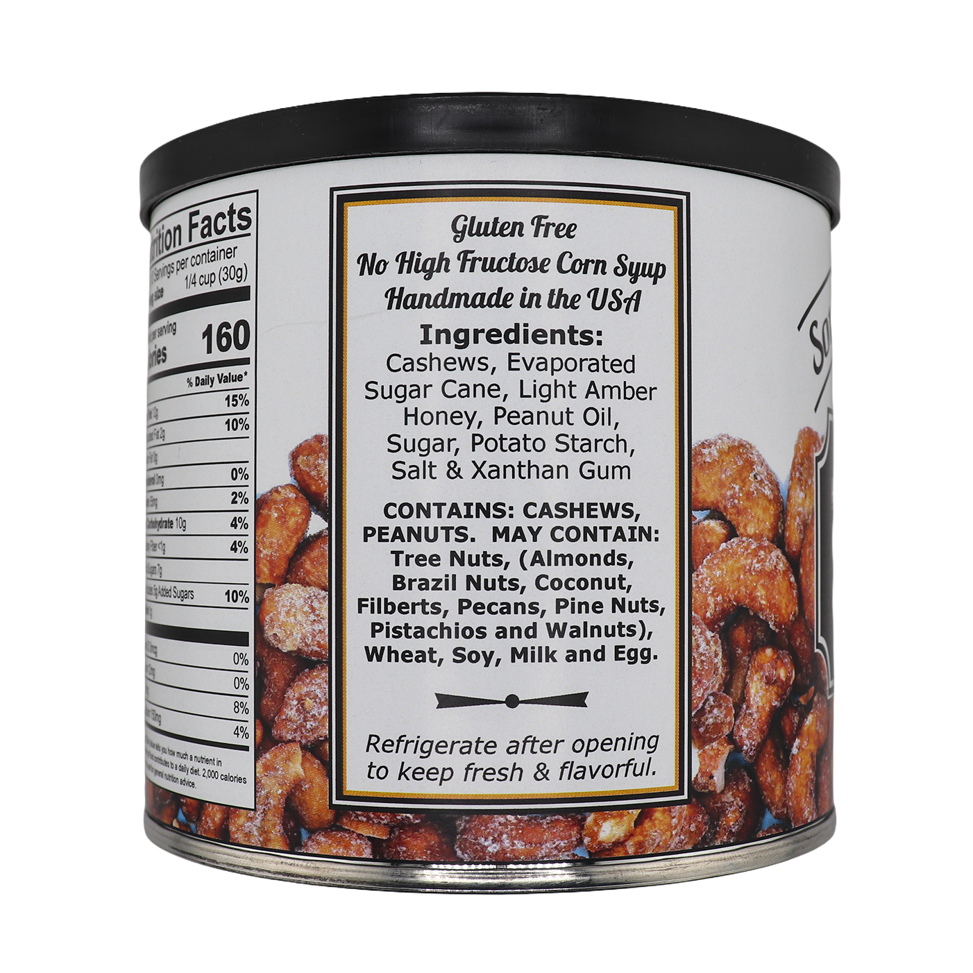 Gluten Free, No High Fructose corn syrup, Handmade in the USA. Ingredients: Cashews, Evaporated Sugar Cane, light amber honey, peanut oil, sugar, potato starch, salt & xanthum gum. contains: cashews, peanuts. May contain: Tree nuts, (almonds, brazil nuts, coconut, filberts, pecans, pine nuts, pistachios and walnuts), wheat, soy, milk and egg. refrigerate after opening to keep fresh and flavorful. 