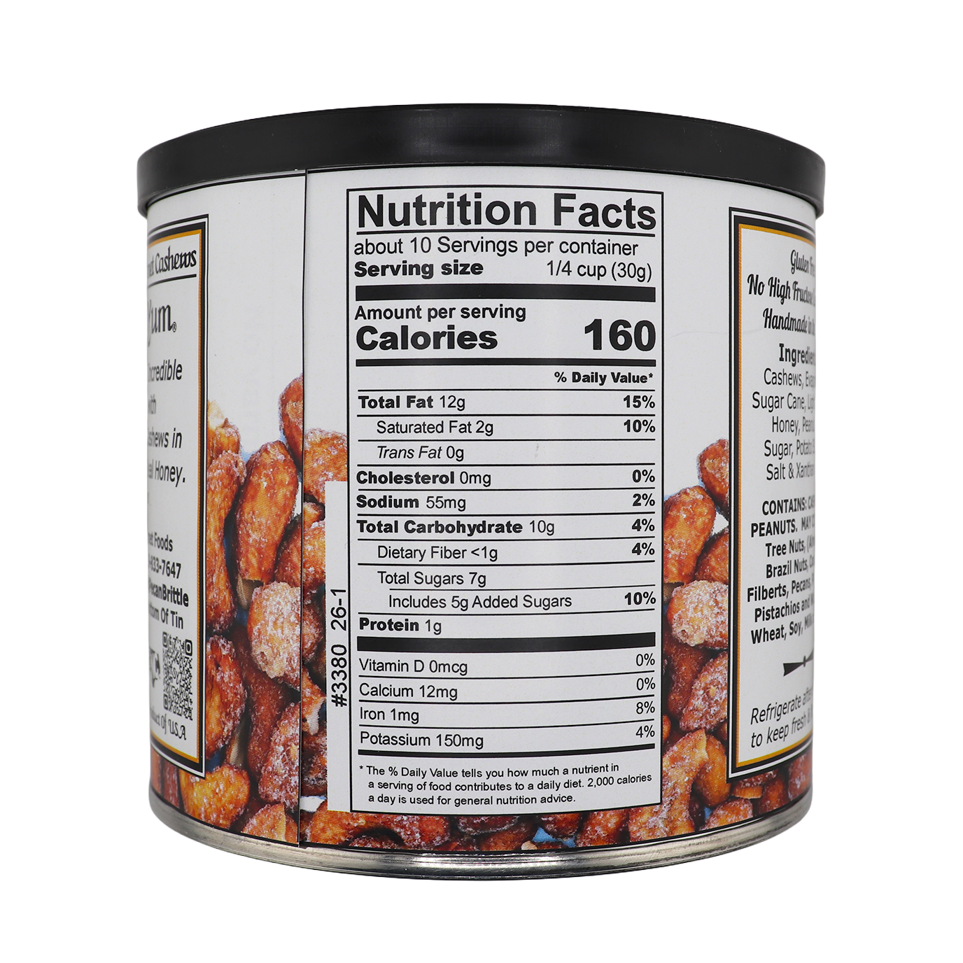 Nutrition Facts. about 10 servings per container. serving sizr 1/4 cup (30g), amount per serving, calories 160. %daily value* total fat 12g 15%, saturated fat 2g 10%, trans fat 0g, cholesterol 0mg 0%, sodium 55mg 2%, total carbohydrate 10g 4%, dietary fiber <1g 4%, total sugars 7g includes 5g added sugars 10%, Protein 1g. vitamin d 0mcg 0%, calcium 12mg 0%, iron 1mg 8%, potassium 150mg 4%. *the % daily value tells you how much a nutrient in a serving of food contributes to a daily diet. 2,000 calories a day