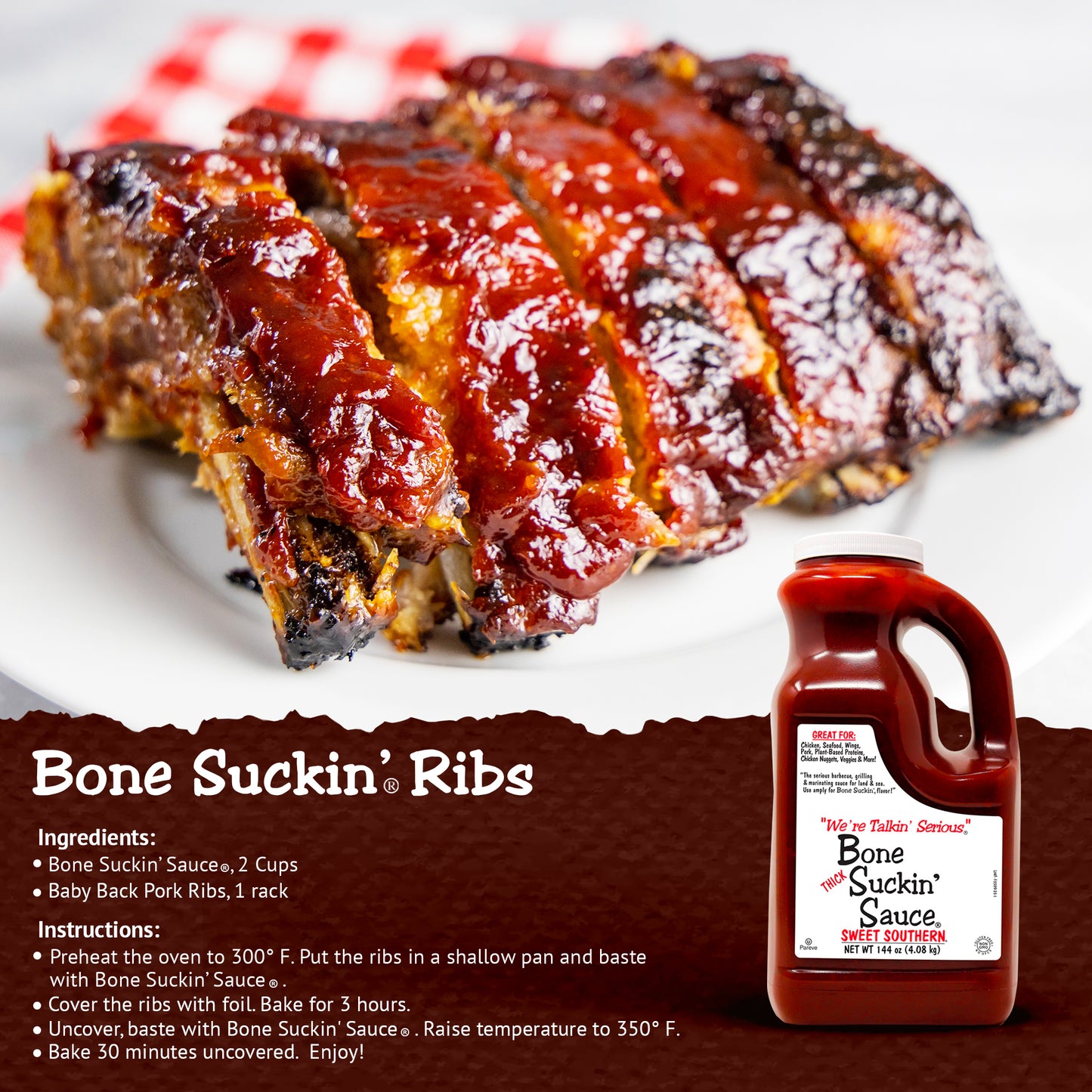 Bone Suckin' Sauce Sweet Southern Thick 144oz - Ribs Recipe