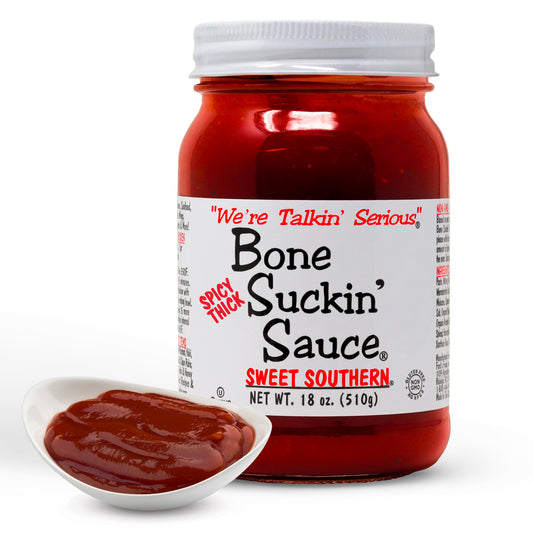 Love the flavor of Spicy Bone Suckin' Sauce®, but want something that will really stick to your ribs? We are pleased to offer our Bone Suckin' Spicy Thick Sweet Southern Sauce®. Elevate your barbecue experience with our sweet, tangy, tomato-based Barbecue Sauce, Bone Suckin' Sauce®. This thicker, spicier version of Bone Suckin' Sauce® delivers a one-of-a-kind blend of hot, tangy & sweet flavors. Ideal for marinating meats from land & sea.