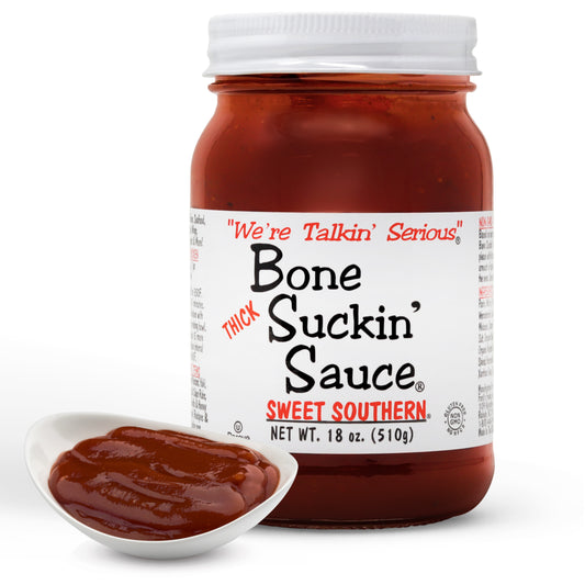 Bone Suckin' Sauce® Sweet Southern® Thick BBQ Sauce, 18 oz Glass Bottle, For Ribs, Chicken, Pork, Beef - Gluten-Free, Non-GMO, Kosher, Thick Barbecue Sauce Sweetened with Cane Sugar & Molasses