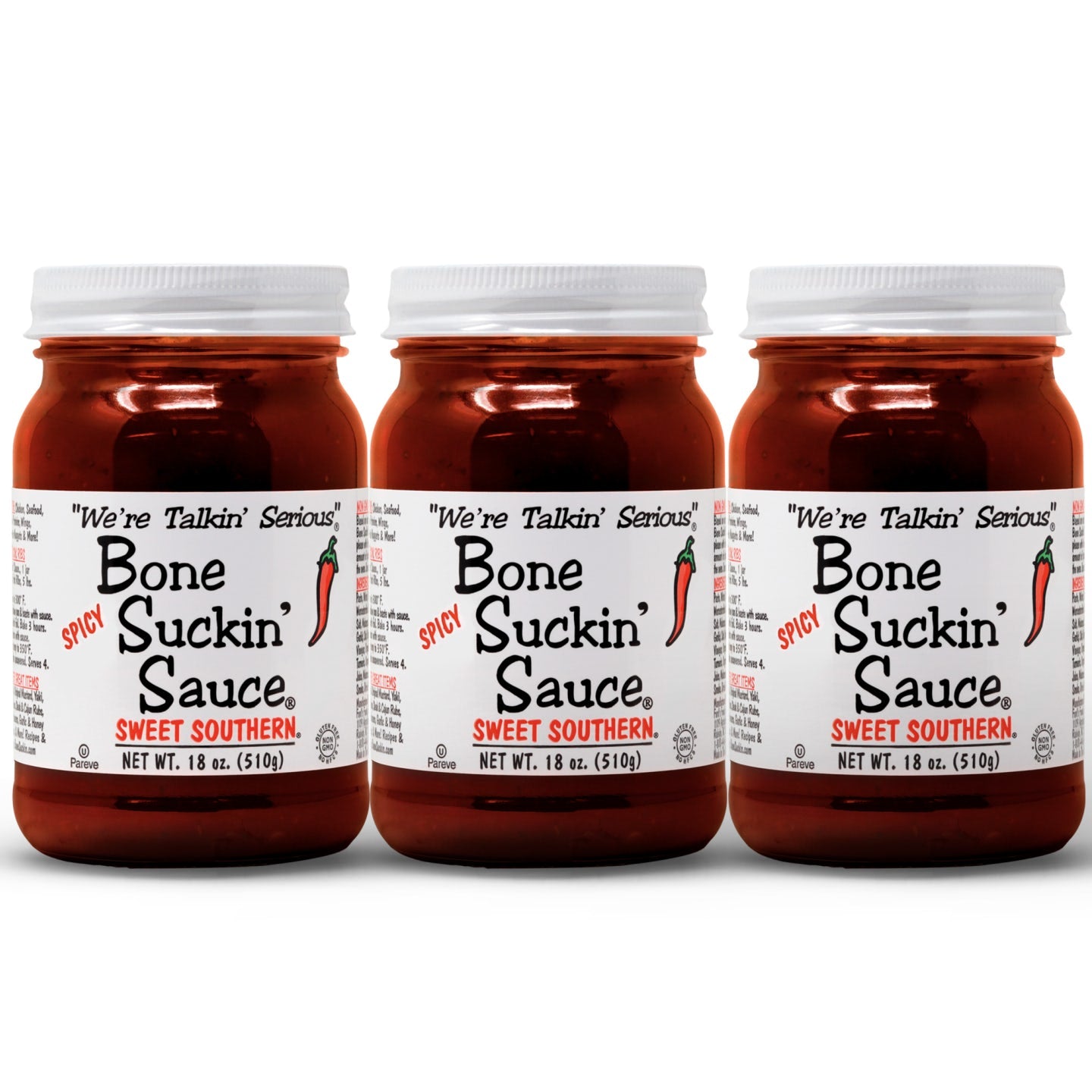 Bone Suckin' Sauce Sweet Southern Spicy BBQ Sauce - 18 oz in Glass Bottle, For Ribs, Chicken, Pork, Beef - Gluten-Free, Non-GMO, Kosher, Spicy Barbecue Sauce Sweetened with Cane Sugar & Molasses. 3 pack