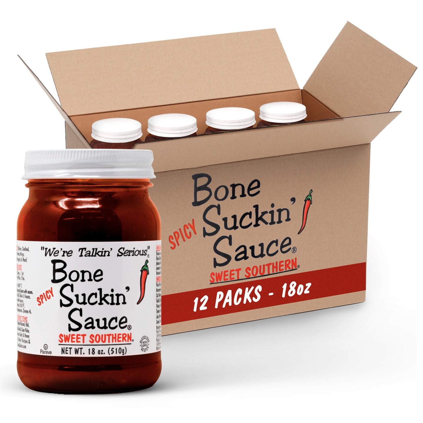 Bone Suckin' Sauce Sweet Southern Spicy BBQ Sauce - 18 oz in Glass Bottle, For Ribs, Chicken, Pork, Beef - Gluten-Free, Non-GMO, Kosher, Spicy Barbecue Sauce Sweetened with Cane Sugar & Molasses. 12 pack
