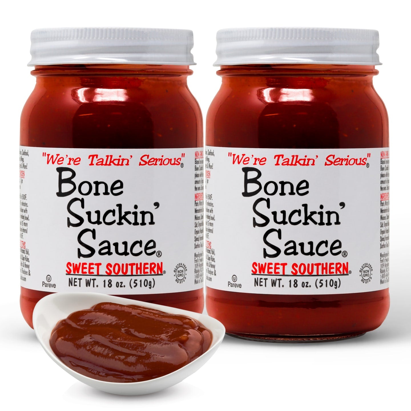 Bone Suckin Sauce Sweet Southern 18oz 2 Pack Bone Suckin' Sauce is the small batch craft barbecue sauce that is 3rd party tested & verified, Made in the USA in glass bottles, beloved by the entire family for its delicuous taste and unmatched versatility. This exceptional sauce is Non-GMO, Gluten-Free, Kosher and has No High Fructose Corn Syrup, offering both health-consciousness and unparalleled taste and quality.
