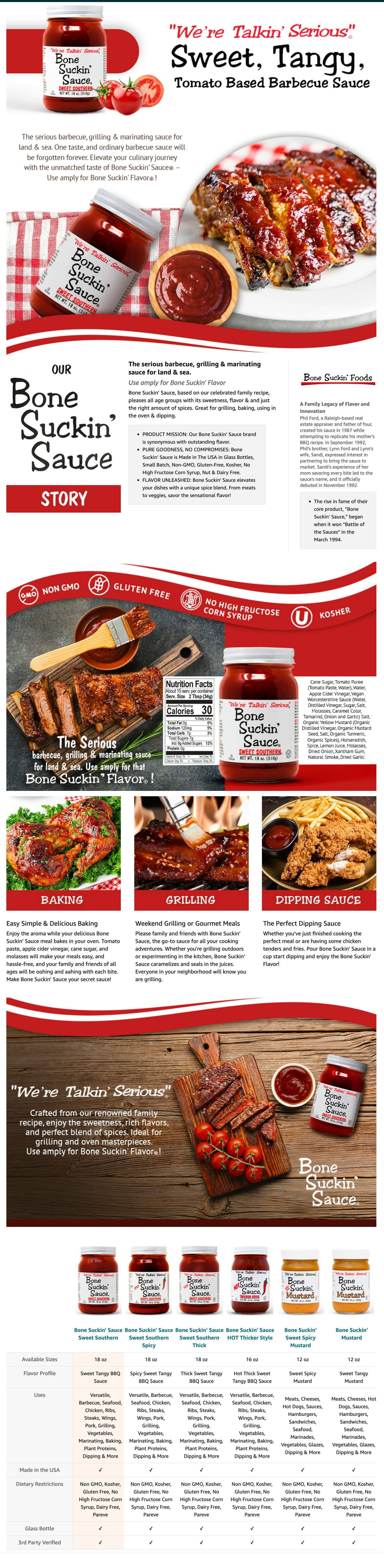 Bone Suckin' Sauce®, Sweet Southern® 18 oz., Based on our award winning family recipe, our Bone Suckin’ Sauce®, Sweet Southern® is guaranteed to please with its sweetness, flavor & just the right amount of spices. Great for grilling & using in the oven. Use amply for that Bone Suckin’ Flavor®!