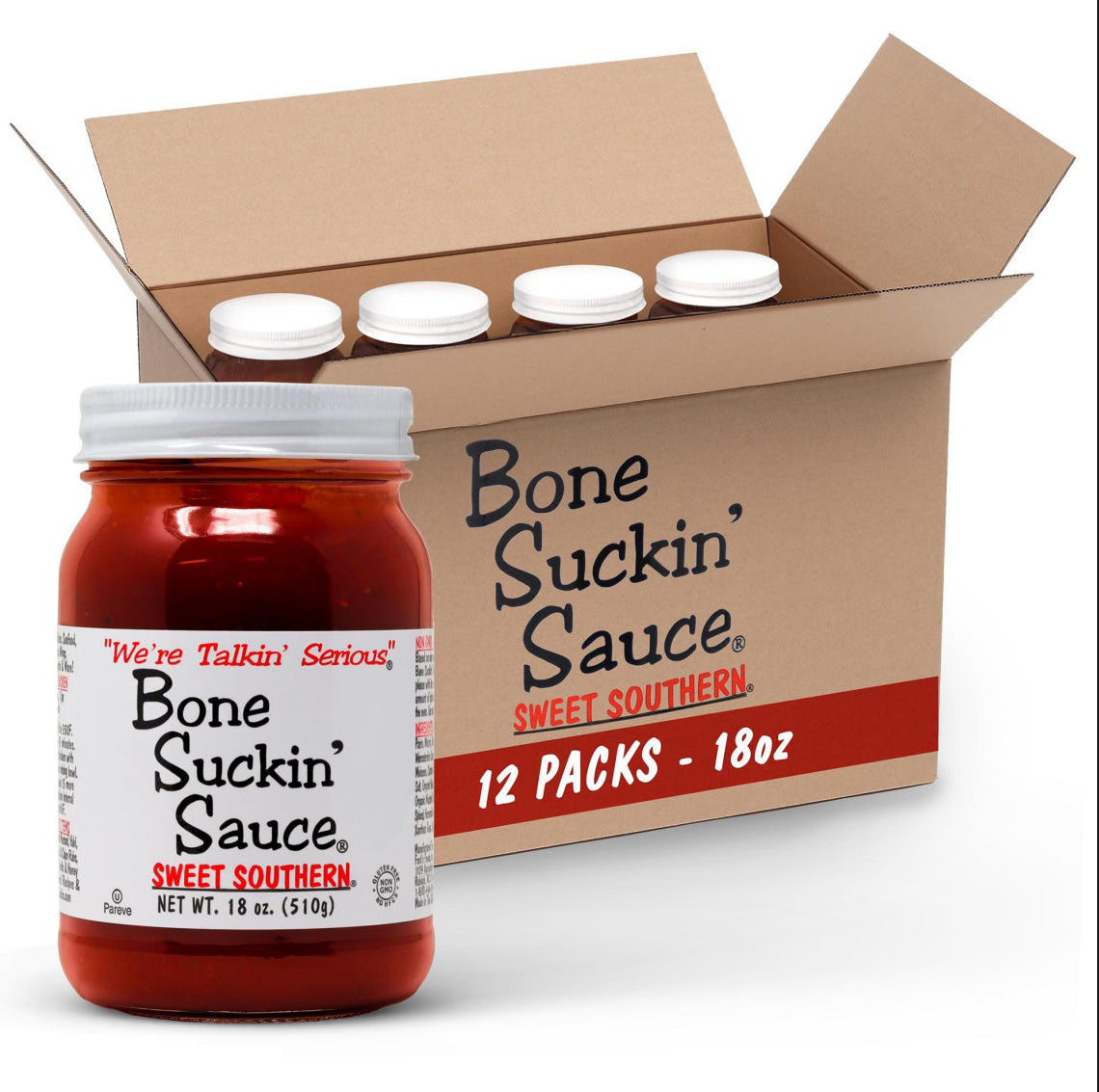 Bone Suckin Sauce® Sweet Southern®, 18 oz, 12 pack Bone Suckin' Sauce is the small batch craft barbecue sauce that is 3rd party tested & verified, Made in the USA in glass bottles, beloved by the entire family for its delicuous taste and unmatched versatility. This exceptional sauce is Non-GMO, Gluten-Free, Kosher and has No High Fructose Corn Syrup, offering both health-consciousness and unparalleled taste and quality.