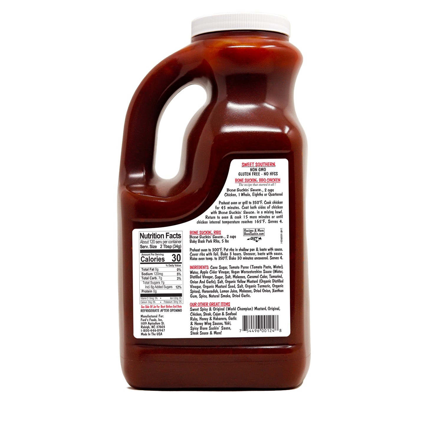 Bottle of barbecue sauce with nutrition label on a white background