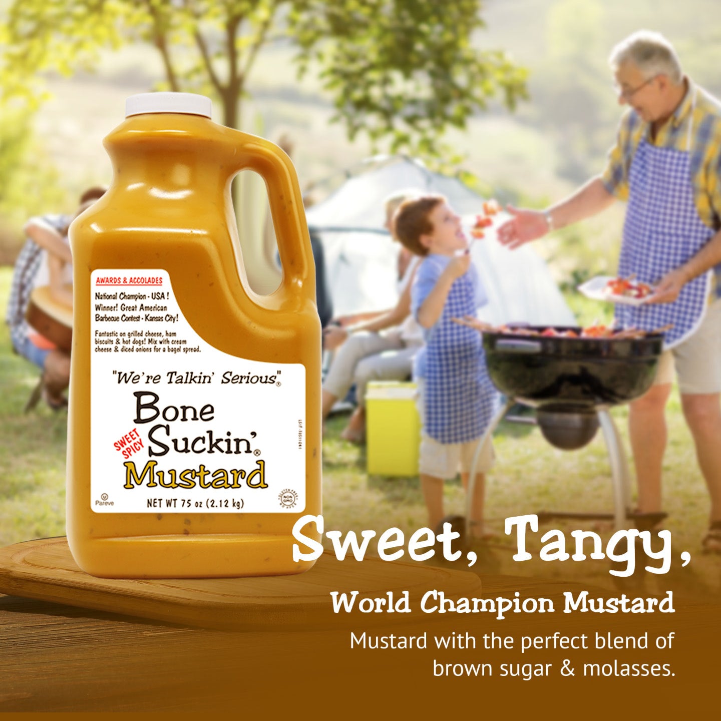 Bone Suckin' Mustard, Sweet, Tangy, World Champion Mustard. Mustard with the perfect blend of brown sugar & molasses.