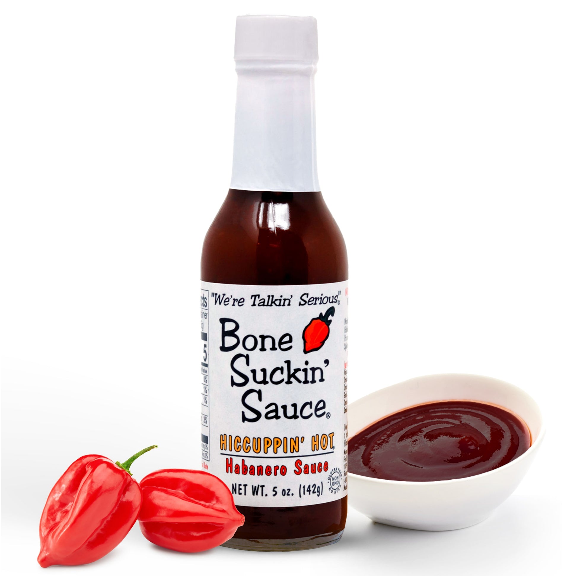 Bone Suckin'®, HICCUPPIN' Hot® Habanero Sauce 5 oz. CLEAN EATING, PURE TASTE: Non-GMO, Gluten-Free, Kosher, Pareve, Dairy Free and No High Fructose Corn Syrup - Elevate your meals with our sauce crafted from clean, quality ingredients for a broad range of dietary preferences.