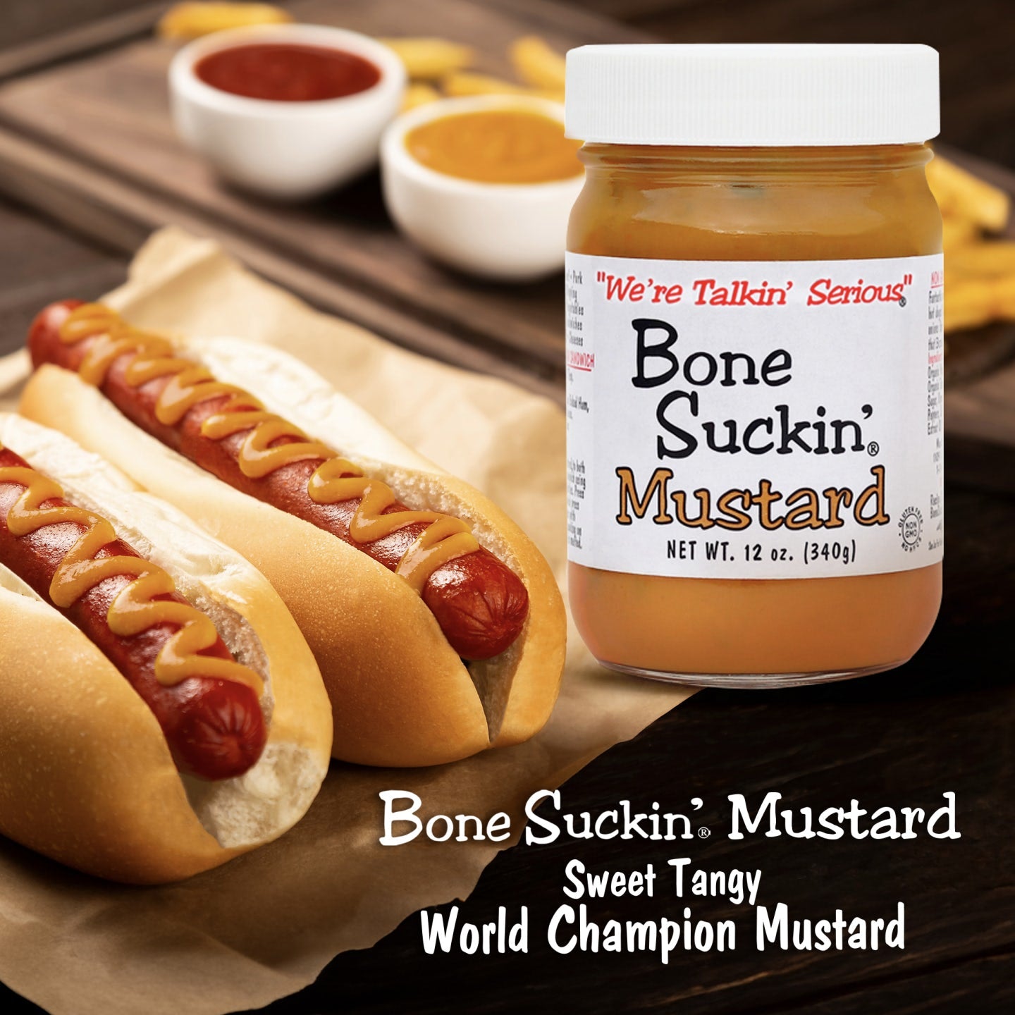 Bone Suckin' Mustard, 12 oz in Glass Bottle - Gourmet Mustard, Sweet & Tangy With Creamy Texture, Gluten-Free, Non-GMO, No HFCS, Kosher, Perfect for Hot Dogs, Brats, Sandwiches, Cheese, Seafood, 1 Bottle