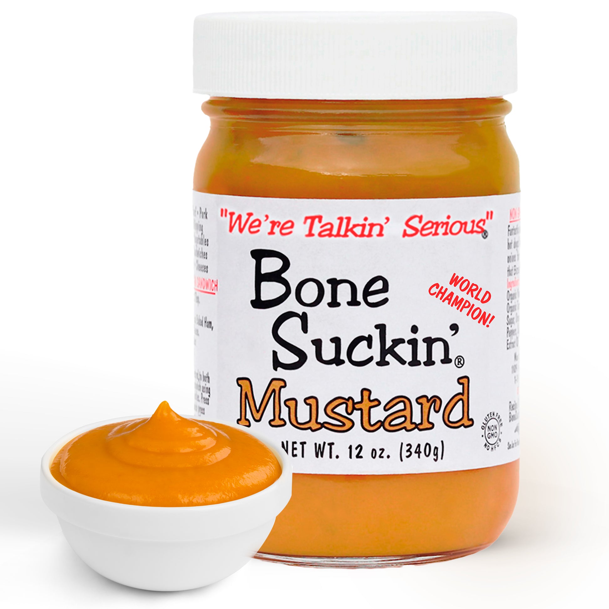 Jar of Bone Suckin' Mustard with a small bowl of mustard on a white background