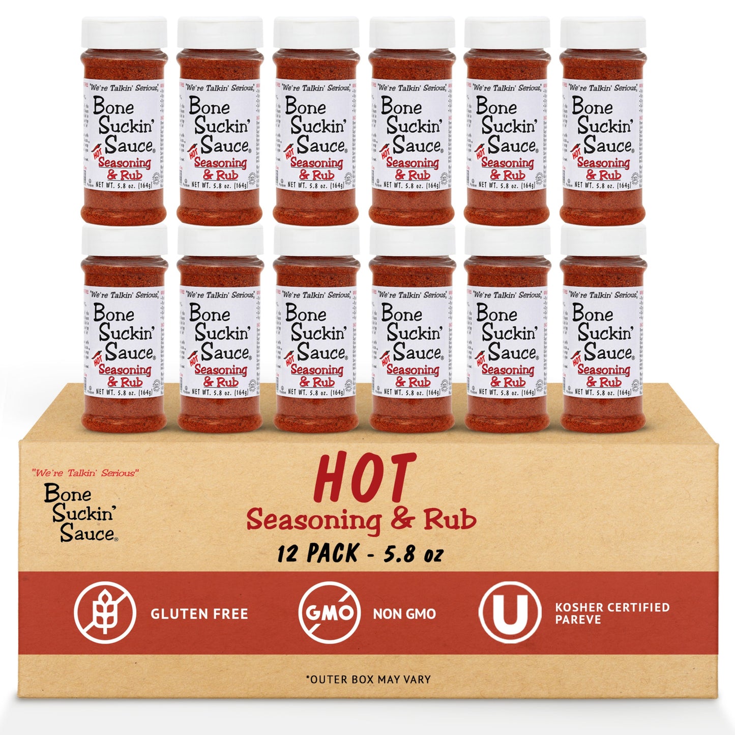 Bone Suckin’® Hot Seasoning & Rub, 5.8 oz. A cayenne kick is the perfect addition to the proprietary blend of brown sugar, paprika, garlic and spices in the original. This perfect combination of spicy, salty and sweet brings just the right amount of heat to this versatile product. Everyone can enjoy that same great flavor with a little extra spice. 12 pack
