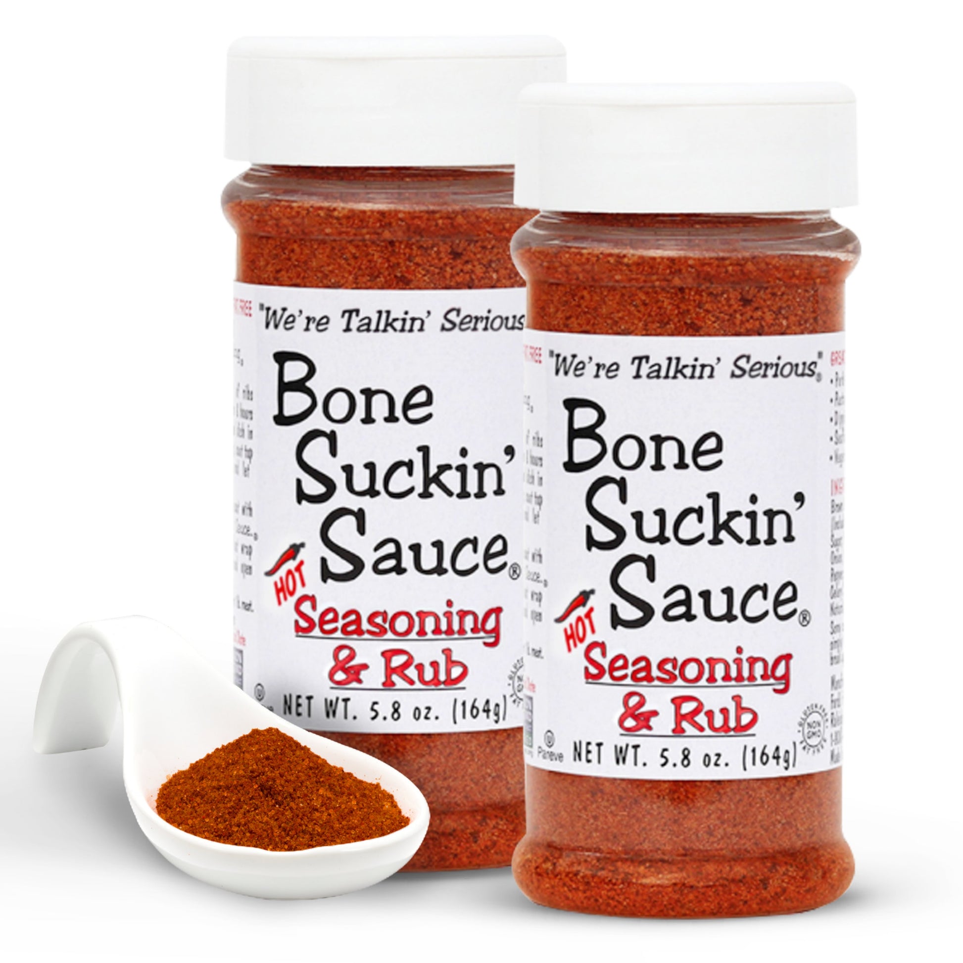 Bone Suckin’® Hot Seasoning & Rub, 5.8 oz. A cayenne kick is the perfect addition to the proprietary blend of brown sugar, paprika, garlic and spices in the original. This perfect combination of spicy, salty and sweet brings just the right amount of heat to this versatile product. Everyone can enjoy that same great flavor with a little extra spice. 2 pack