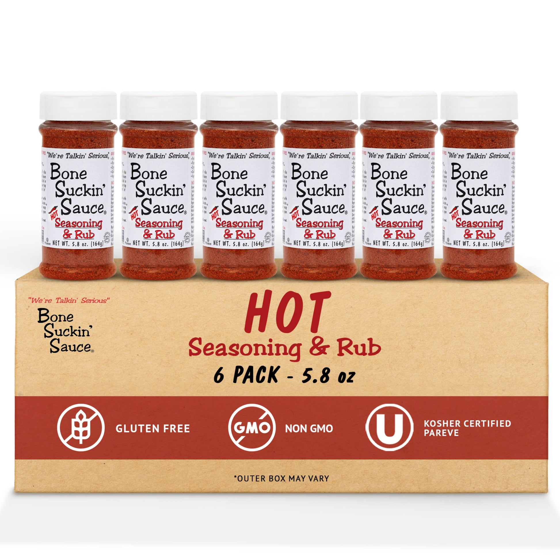 Bone Suckin’® Hot Seasoning & Rub, 5.8 oz. A cayenne kick is the perfect addition to the proprietary blend of brown sugar, paprika, garlic and spices in the original. This perfect combination of spicy, salty and sweet brings just the right amount of heat to this versatile product. Everyone can enjoy that same great flavor with a little extra spice. 6 pack