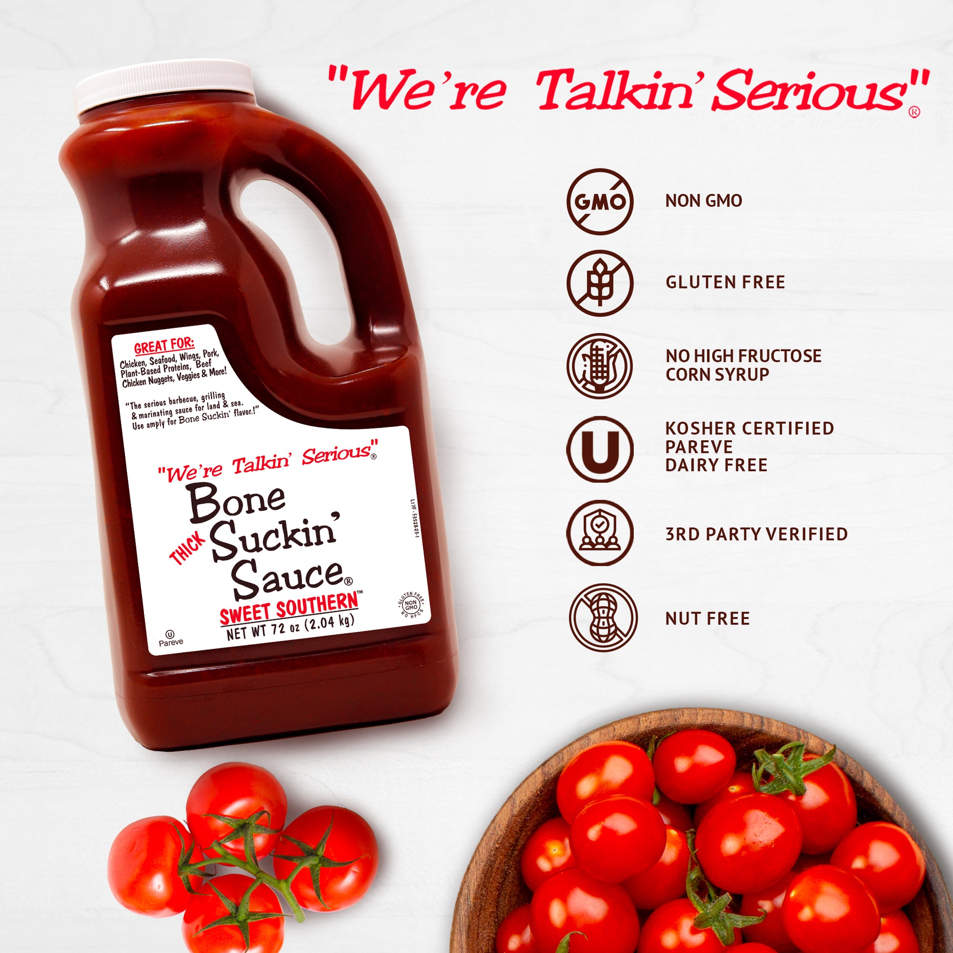 Bone Suckin' Sauce® Sweet Southern Thicker Style, 72 oz. NON GMO, Gluten Free, No High Fructose Corn Syrup, Kosher, Pareve, Dairy Free, 3rd Party Verified, Nut Free