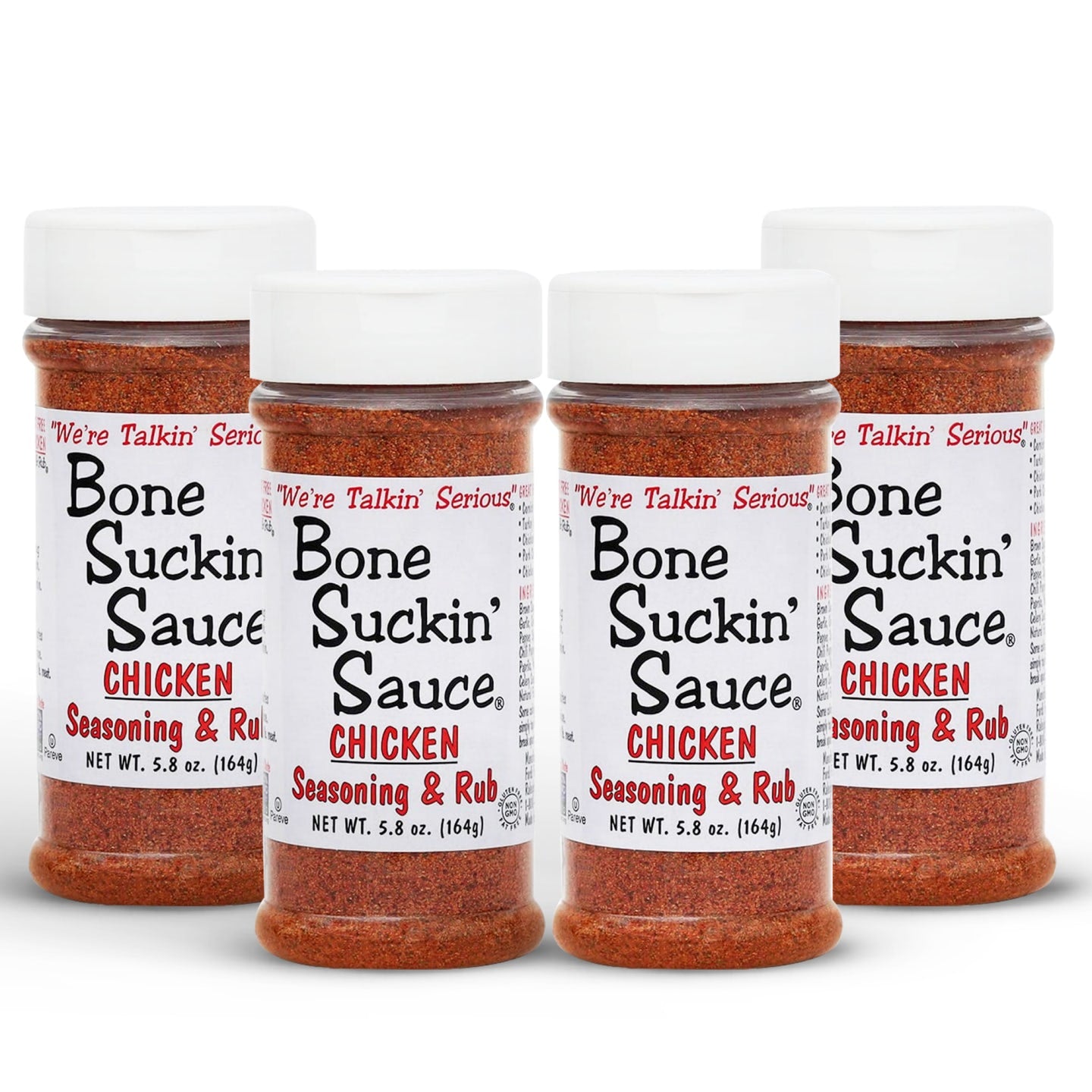 Bone Suckin'® Chicken Seasoning & Rub, 5.8 oz. A lighter blend of the brown sugar, paprika and spices found in the Original Seasoning & Rub, garlic and sage come to the forefront of our poultry blend. While it’s perfect on chicken, turkey, and fish, like our other seasoning & rub products, it’s versatile enough to be used on just about anything. 4 pack.