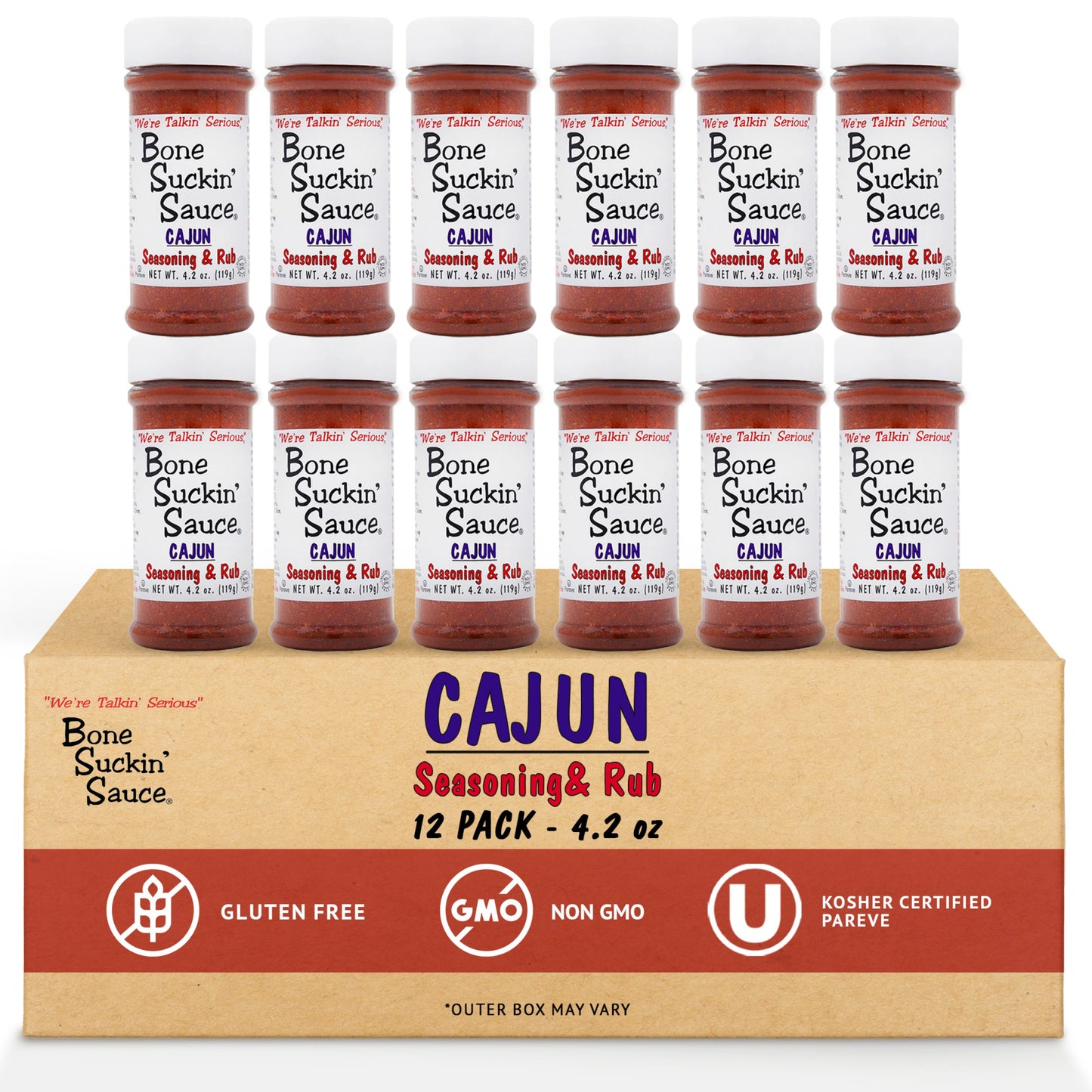 Bone Suckin'® Cajun Seasoning & Rub, 4.2 oz., is the perfect blend of Cajun spices & herbs along with the right amount of heat. It makes your food taste great, gets friends talking & coming back for more! Use generously & your Cajun food will be "Bone Suckin'® Good!" Use On Seafood, Poultry, Steaks, Pork, Pasta, French Fries, Rice, Vegetables, Gumbos, Jambalayas & more! 12 pack