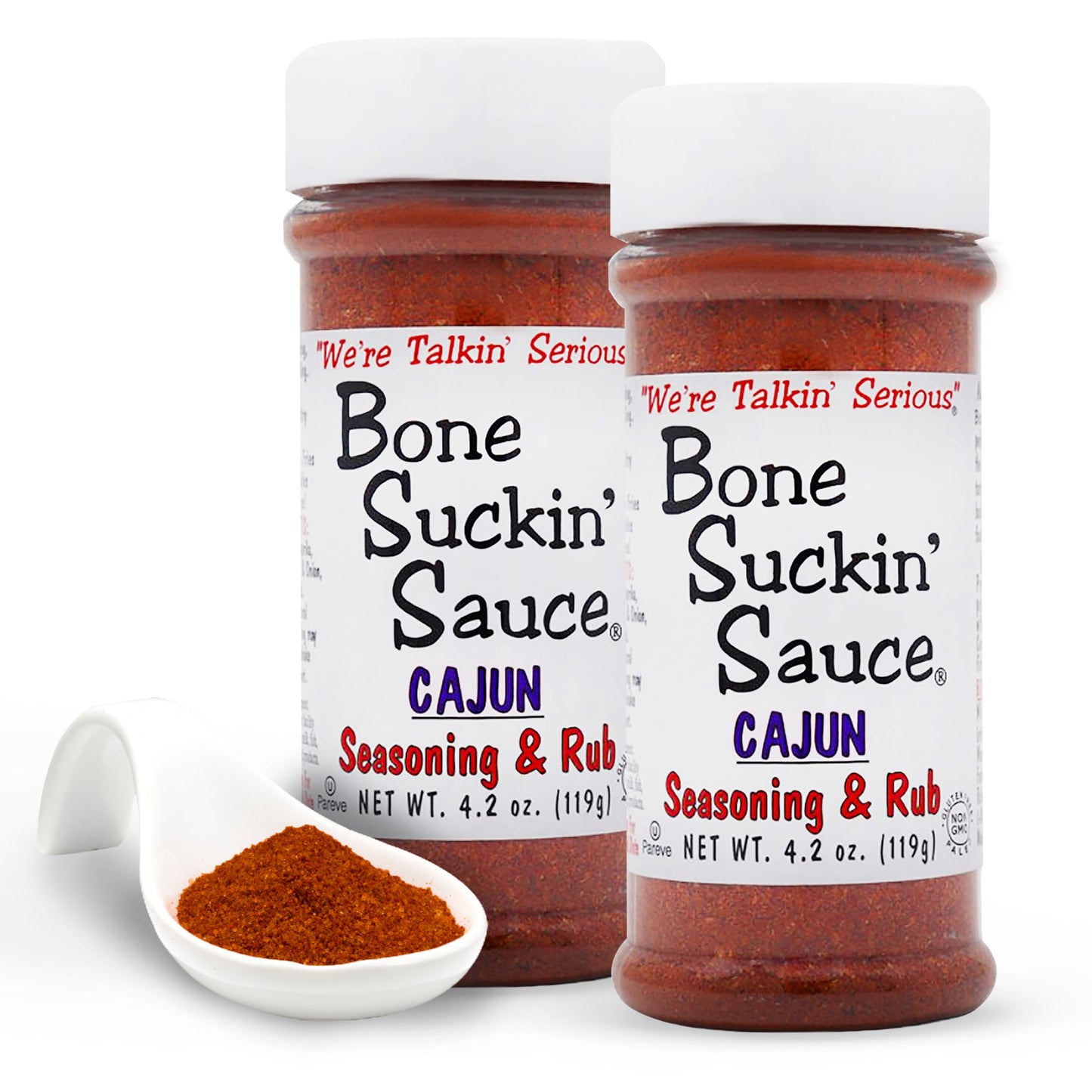 Bone Suckin'® Cajun Seasoning & Rub, 4.2 oz., is the perfect blend of Cajun spices & herbs along with the right amount of heat. It makes your food taste great, gets friends talking & coming back for more! Use generously & your Cajun food will be "Bone Suckin'® Good!" Use On Seafood, Poultry, Steaks, Pork, Pasta, French Fries, Rice, Vegetables, Gumbos, Jambalayas & more! 2 pack