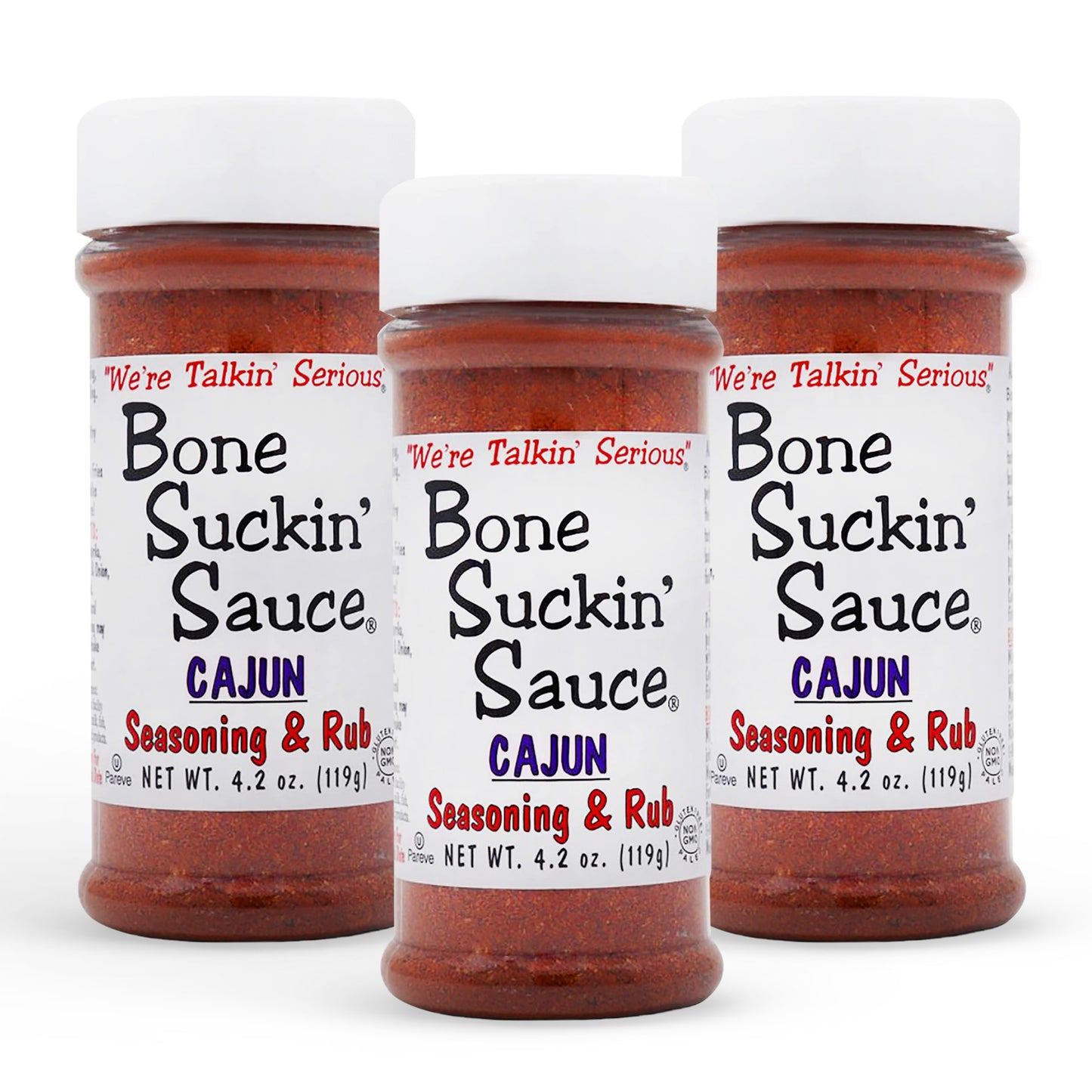 Bone Suckin'® Cajun Seasoning & Rub, 4.2 oz., is the perfect blend of Cajun spices & herbs along with the right amount of heat. It makes your food taste great, gets friends talking & coming back for more! Use generously & your Cajun food will be "Bone Suckin'® Good!" Use On Seafood, Poultry, Steaks, Pork, Pasta, French Fries, Rice, Vegetables, Gumbos, Jambalayas & more! 3 pack