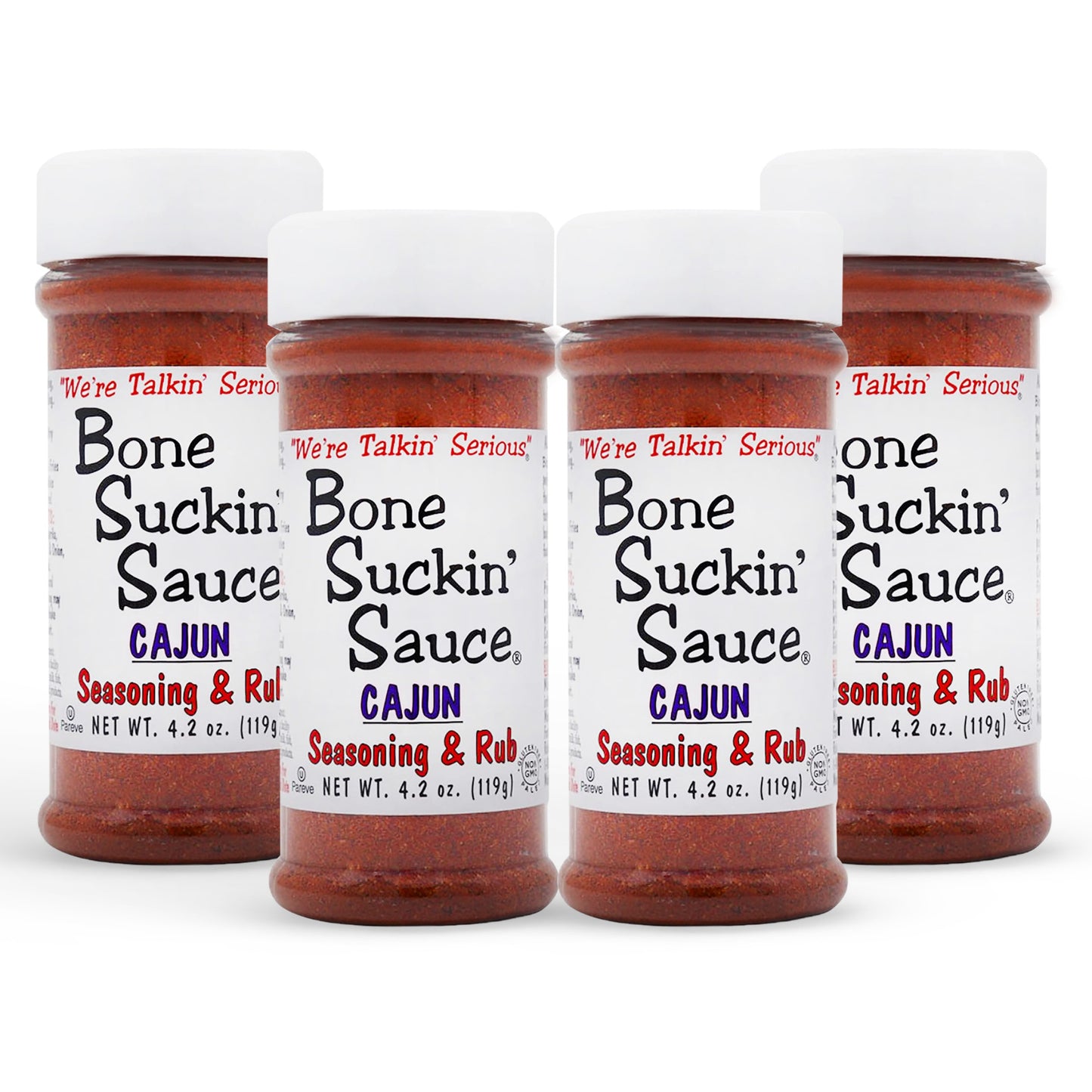 Bone Suckin'® Cajun Seasoning & Rub, 4.2 oz., is the perfect blend of Cajun spices & herbs along with the right amount of heat. It makes your food taste great, gets friends talking & coming back for more! Use generously & your Cajun food will be "Bone Suckin'® Good!" Use On Seafood, Poultry, Steaks, Pork, Pasta, French Fries, Rice, Vegetables, Gumbos, Jambalayas & more! 4 pack
