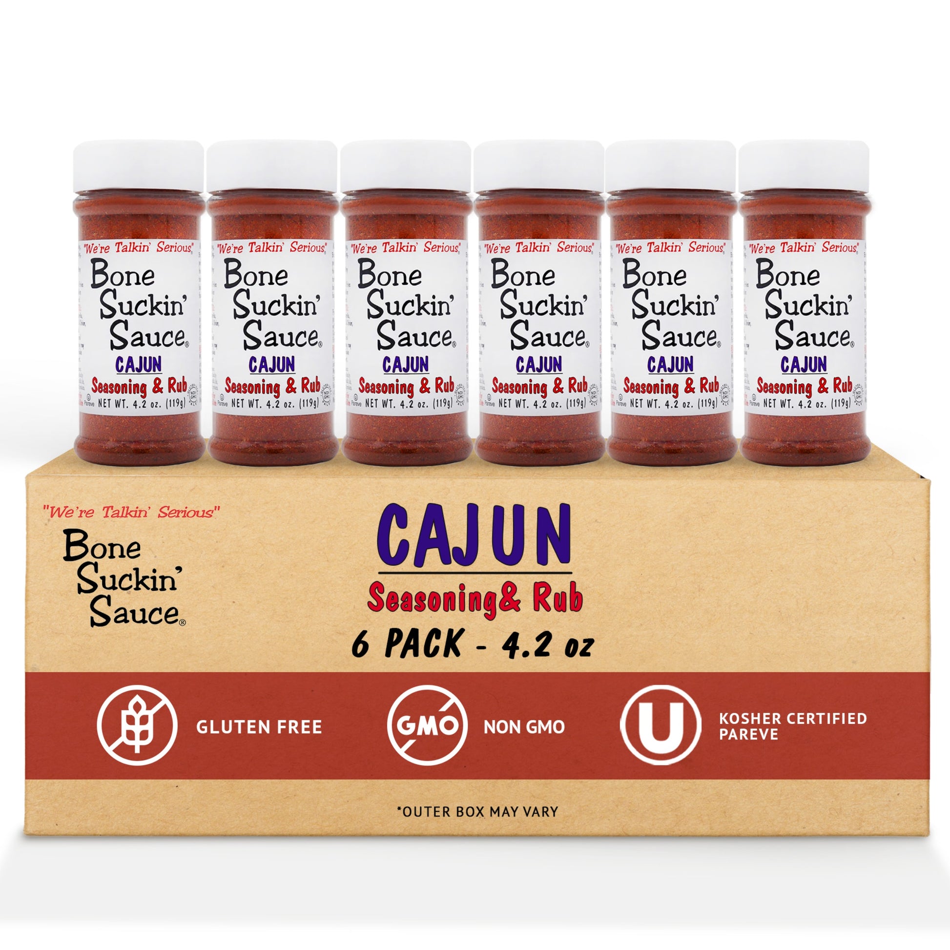 Bone Suckin'® Cajun Seasoning & Rub, 4.2 oz., is the perfect blend of Cajun spices & herbs along with the right amount of heat. It makes your food taste great, gets friends talking & coming back for more! Use generously & your Cajun food will be "Bone Suckin'® Good!" Use On Seafood, Poultry, Steaks, Pork, Pasta, French Fries, Rice, Vegetables, Gumbos, Jambalayas & more! 6 pack