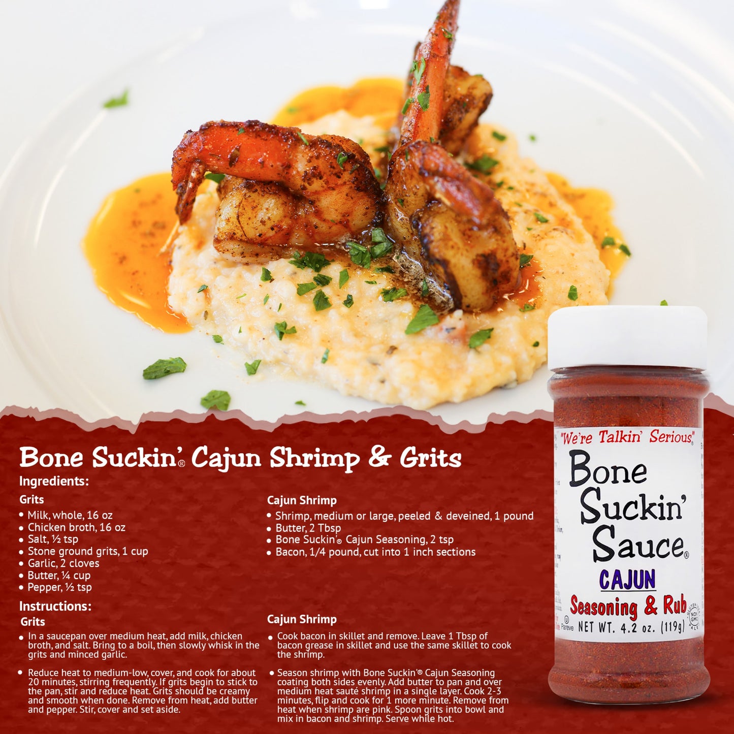 Bone Suckin' Cajun Shrimp & Grits Recipe. Find full recipe on recipes.bonesuckin.com