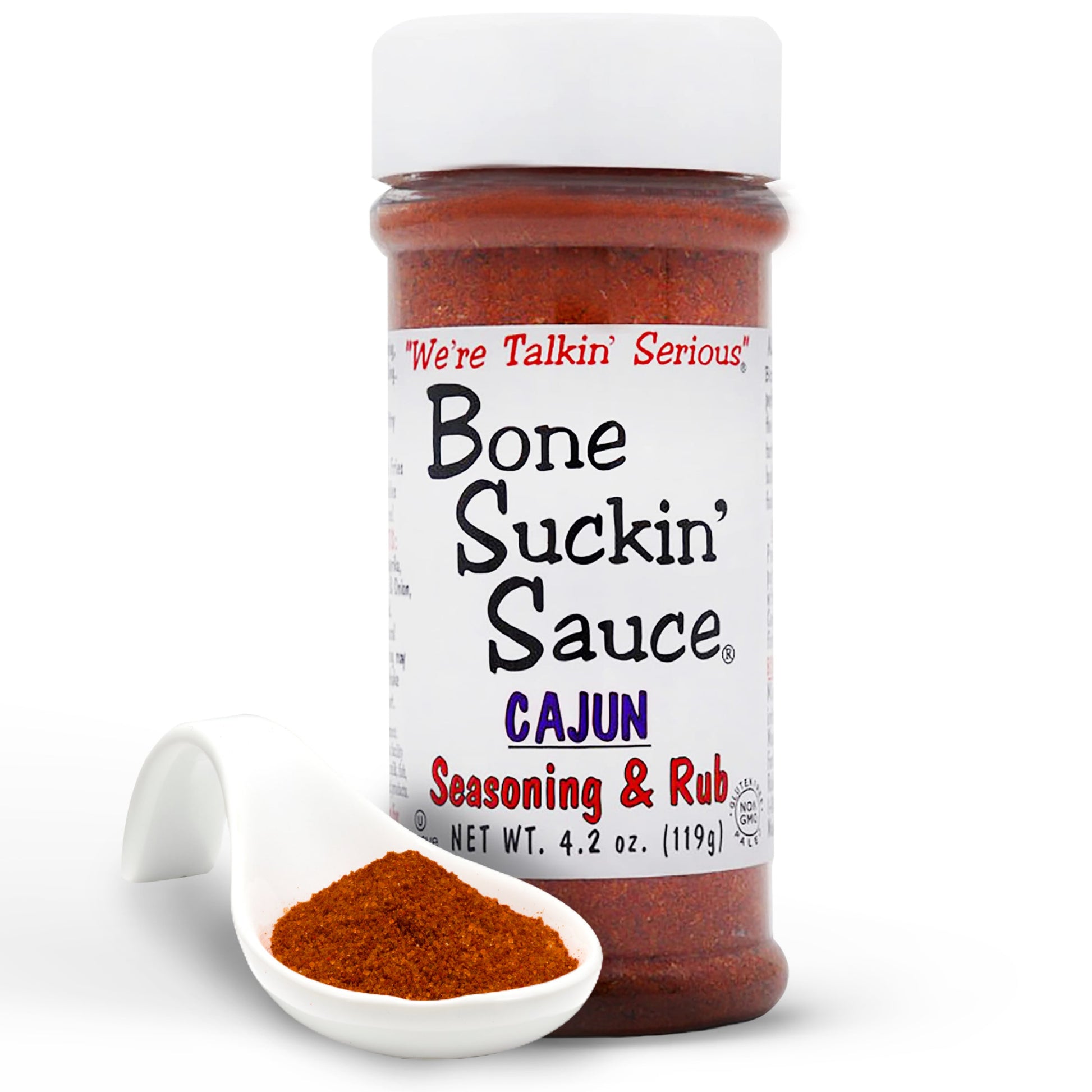 Bone Suckin'® Cajun Seasoning & Rub, 4.2 oz., is the perfect blend of Cajun spices & herbs along with the right amount of heat. It makes your food taste great, gets friends talking & coming back for more! Use generously & your Cajun food will be "Bone Suckin'® Good!" Use On Seafood, Poultry, Steaks, Pork, Pasta, French Fries, Rice, Vegetables, Gumbos, Jambalayas & more!