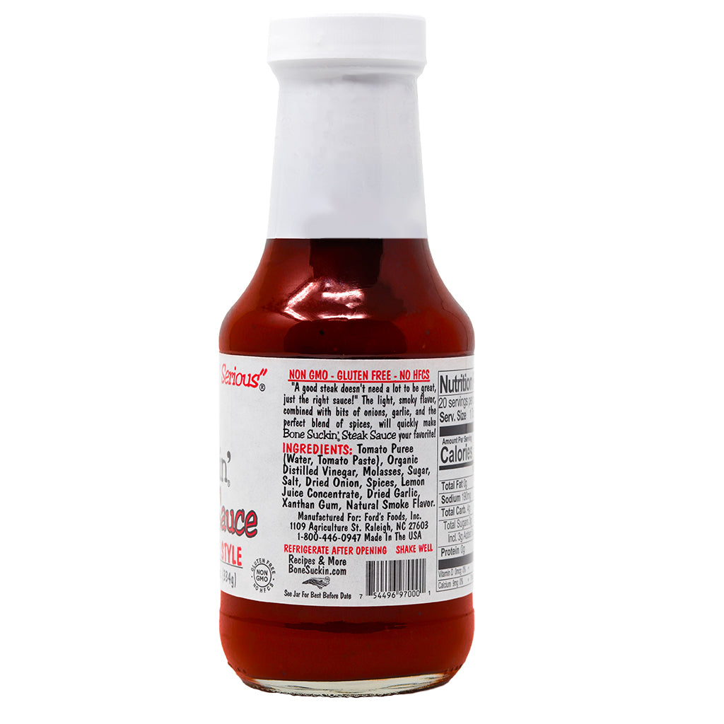 Bone Suckin'® Steak Sauce, Chophouse Style, 11.75 oz. Label, Ingredients - Bone Suckin' Steak Sauce, 11.75 oz Glass Bottle, For Steaks, Burgers, Meatloaf, Pork Chops & Chicken - Tangy, Savory, Light Smoke Flavor With Bits Of Onion & Garlic - Gluten Free, Non-GMO, Kosher, 1 Pc. Side panel with ingredients.