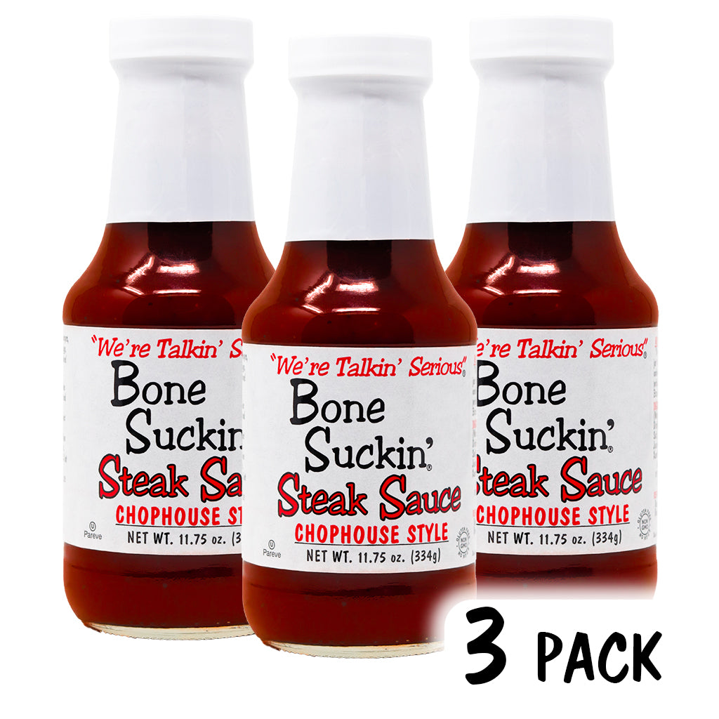 Bone Suckin'® Steak Sauce, Chophouse Style 3 pack - Bone Suckin' Steak Sauce, 11.75 oz Glass Bottle, For Steaks, Burgers, Meatloaf, Pork Chops & Chicken - Tangy, Savory, Light Smoke Flavor With Bits Of Onion & Garlic - Gluten Free, Non-GMO, Kosher, 3 Pc