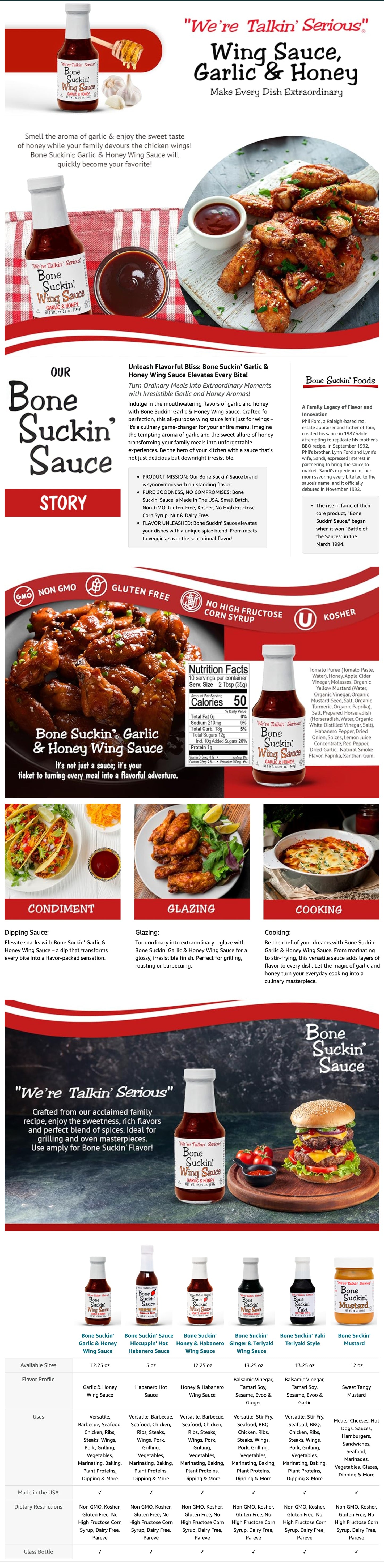 Bone Suckin' Sauce Garlic & Honey Wing Sauce is NON-GMO, Gluten Free, No high fructose corn syrup, kosher, pareve dairy free, 3rd party verified, glass bottles, and nut free.
