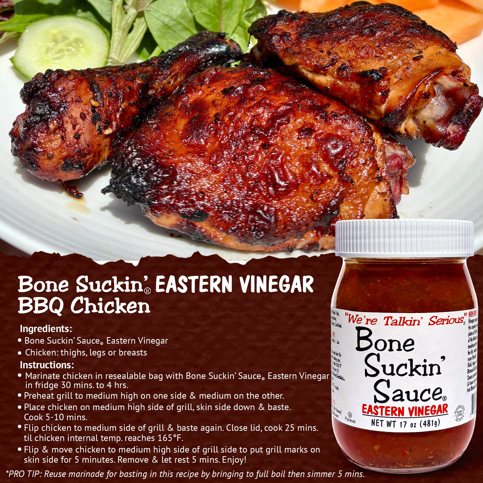 Grilled chicken with Bone Suckin' Sauce and Eastern Vinegar on a plate, featuring the product and recipe details.