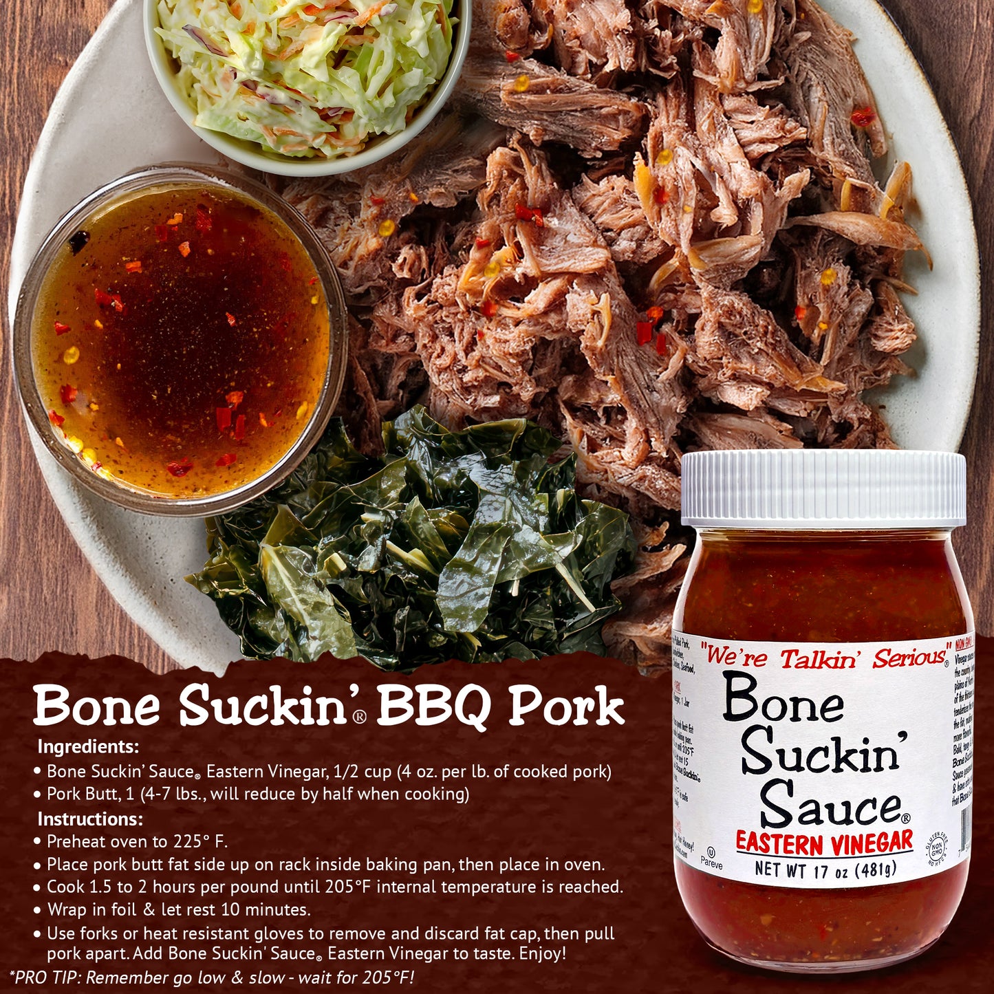 Platter of Bone Suckin' BBQ pork with a jar of Bone Suckin' Sauce Eastern Vinegar on a wooden surface and Recipe instructions below it.