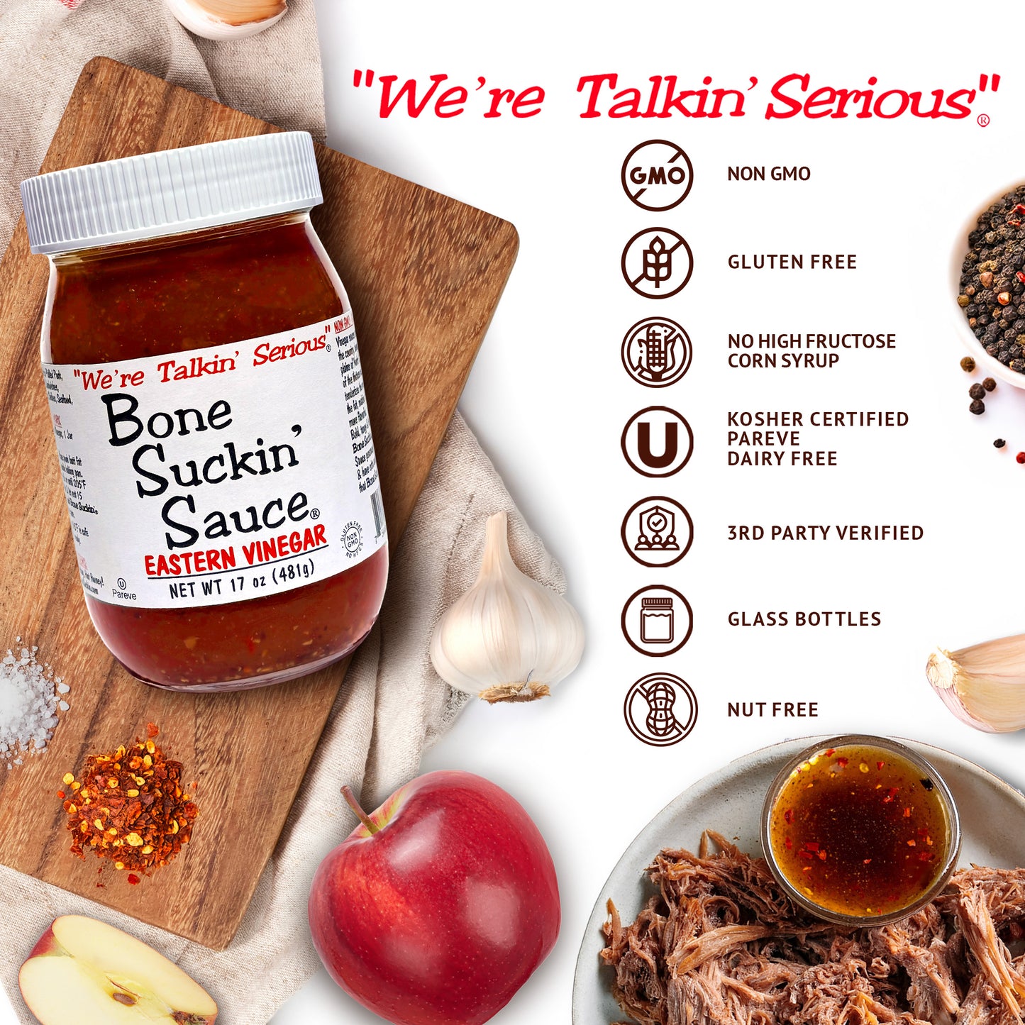 Jar of Bone Suckin' Sauce with ingredients and certification icons on a white background
