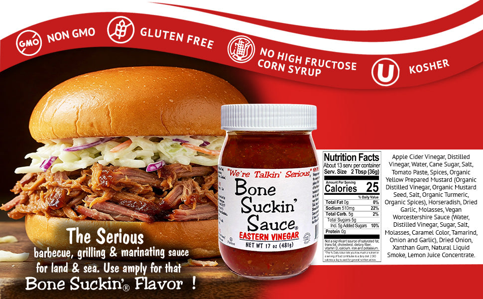 Bone Suckin' Sauce Eastern Vinegar with a pulled pork sandwich and product info