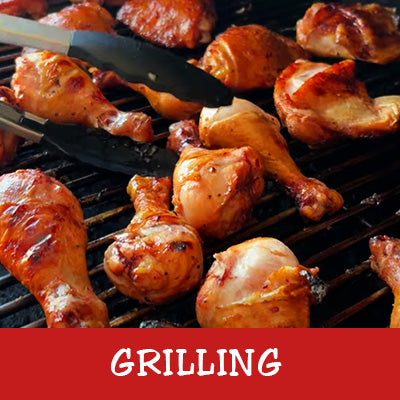 Grilled chicken legs on a grill with tongs, labeled 'Grilling'.