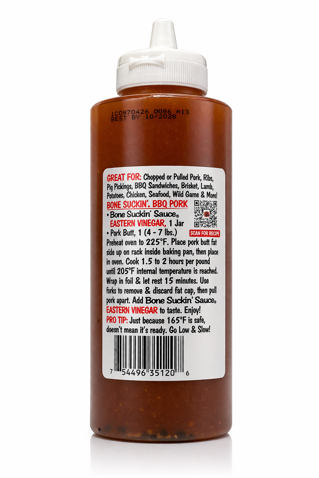 Bone Suckin' Eastern Vinegar Sauce. Side label with BBQ Pork recipe.