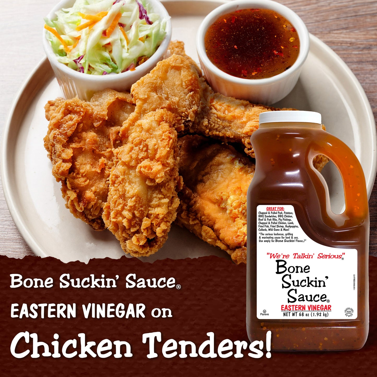 Fried chicken tenders with coleslaw and a bottle of Bone Suckin' Sauce on a plate. - Bone Suckin' Sauce Eastern Vinegar on Chicken Tenders!